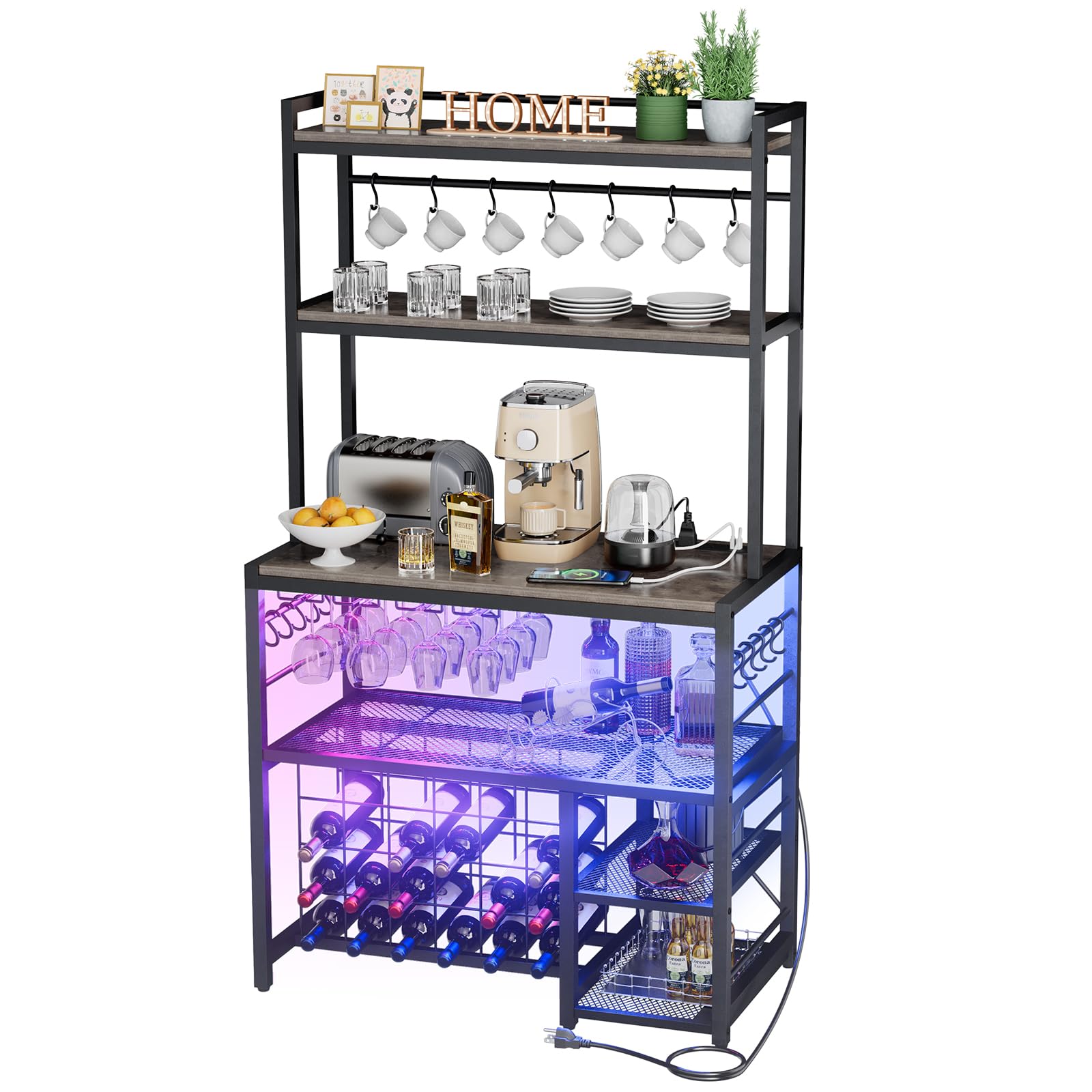 Premium Wine Bar Cabinet with Built-in Outlet & LED Lighting, 4-Tier Movable Storage Shelf & Glasses Holder - Durable Liquor Cabinet for Kitchen, Dining Room, Home Bar - Perfect for Entertaining & Wine Storage (Grey)