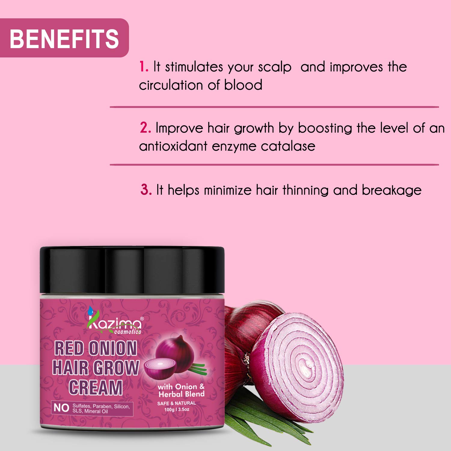 KAZIMA Red Onion Hair Growth Cream with Onion Oil & Herbal Blend - 100g for Thicker, Stronger Hair | Promotes Hair Regrowth & Scalp Health | Perfect for Men & Women with Hair Loss or Thinning Hair