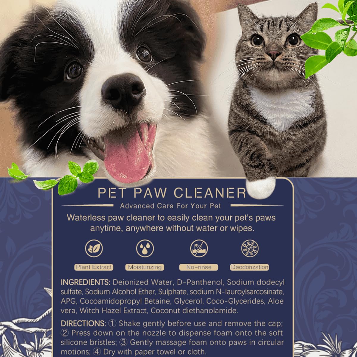 No Rinse Waterless Dog Paw Cleaner with Bath Brush - pH Balanced Muddy Paw Wash for Large Dogs - Treats Yeast Infections & Keeps Paws Clean - Perfect for Post-Walk Cleaning, Travel & Outdoor Adventures