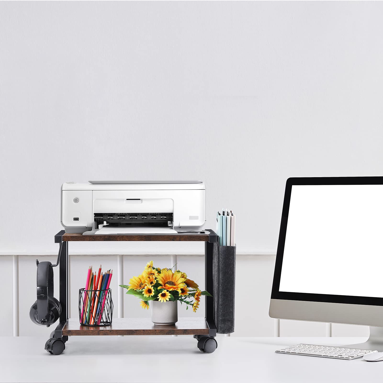 2-Tier Rolling Printer Stand with Storage Bag - Under Desk Mobile Printer Table for Fax Machine, Scanner & Files - Compact Desktop Shelf with Wheels (Brown) - Perfect for Home Office & Small Workspaces