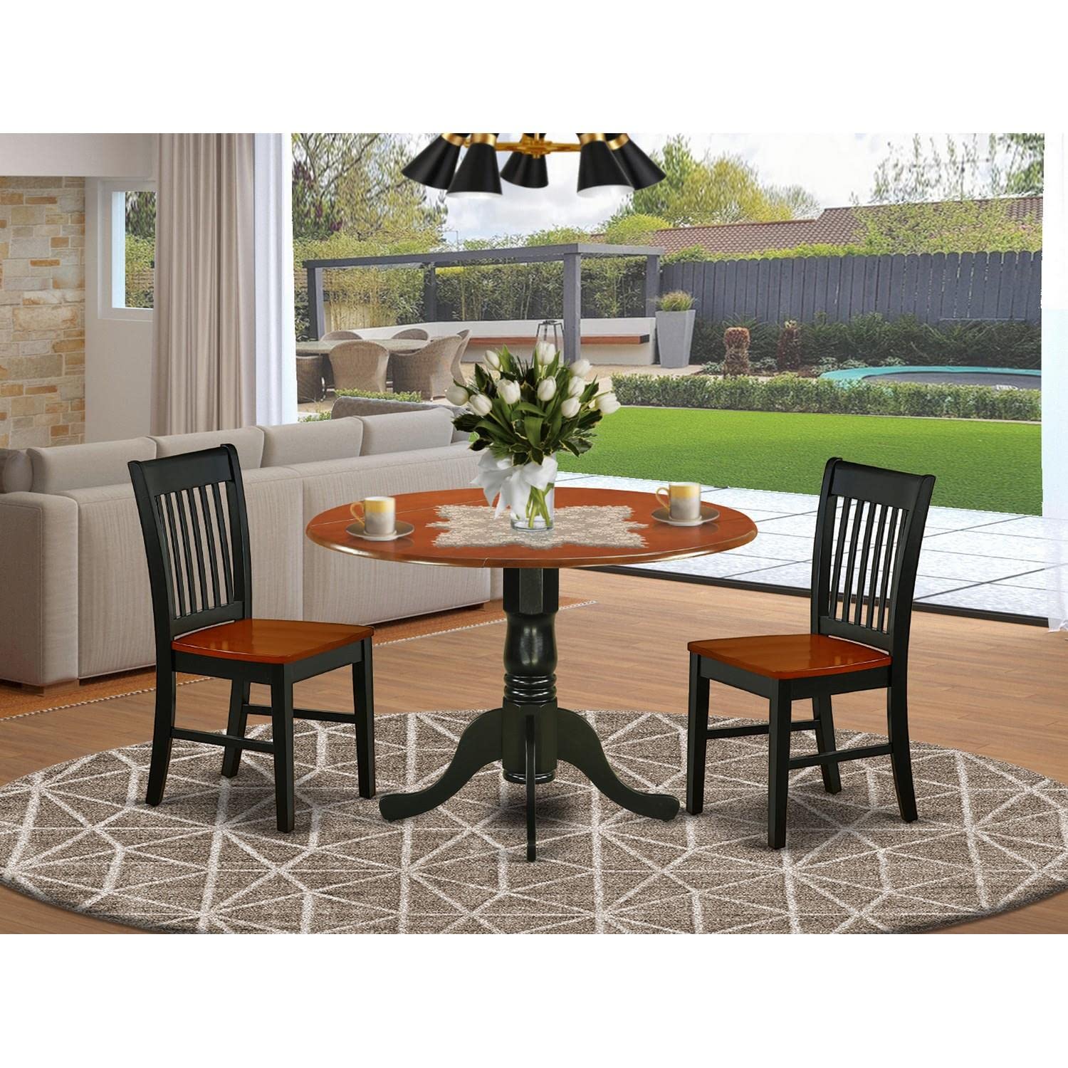 East West Furniture DLNO3-BCH-W 3-Piece Dining Room Table Set - 42x42 Inch Round Drop Leaf Table with 2 Wooden Chairs in Black & Cherry - Perfect for Small Spaces, Breakfast Nooks & Cozy Apartments