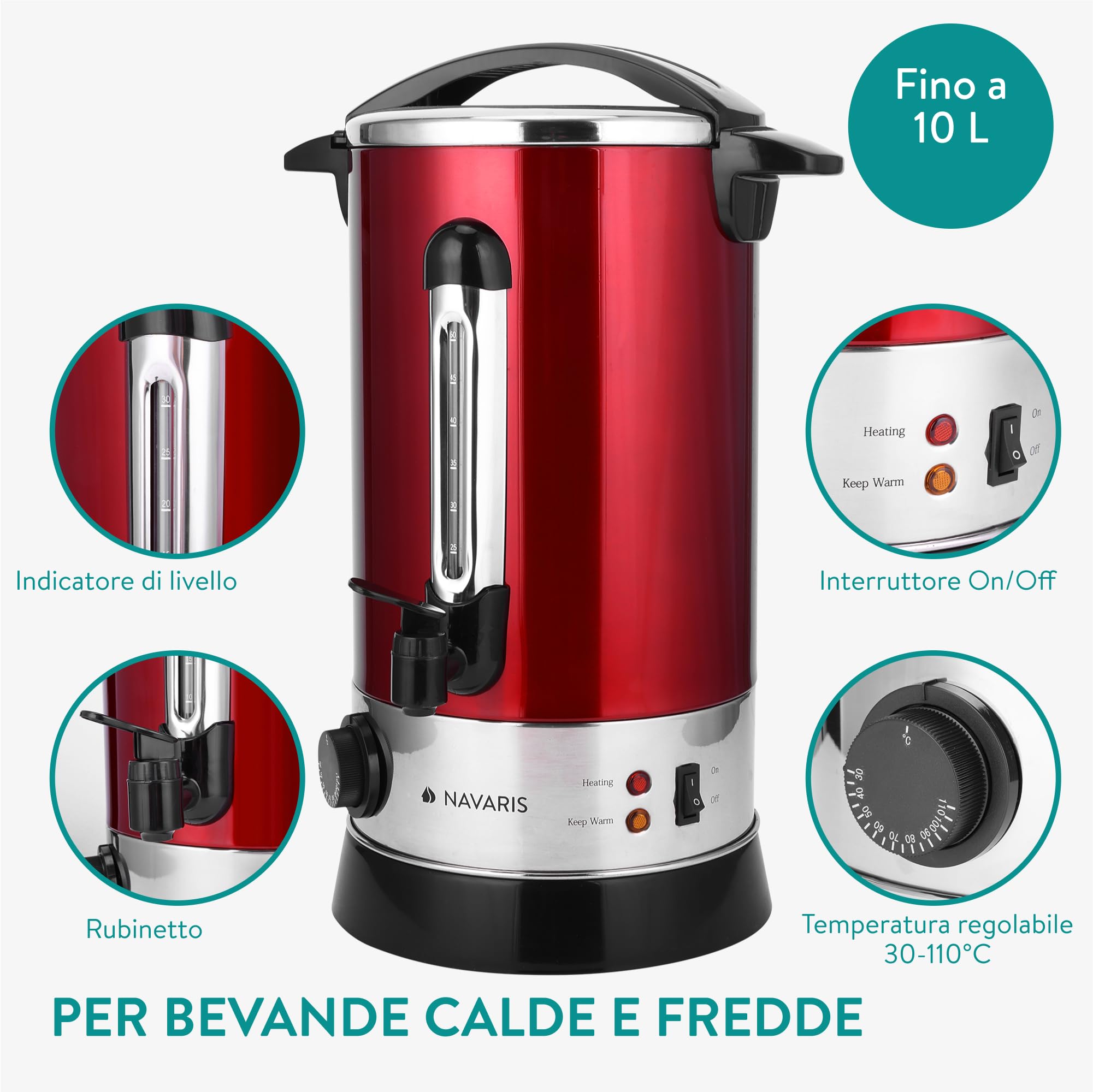 Navaris 10L Electric Hot Water & Wine Dispenser with Tap - Perfect for Mulled Wine, Coffee & Hot Beverages - Ideal for Parties, Cafés & Home Use - Red