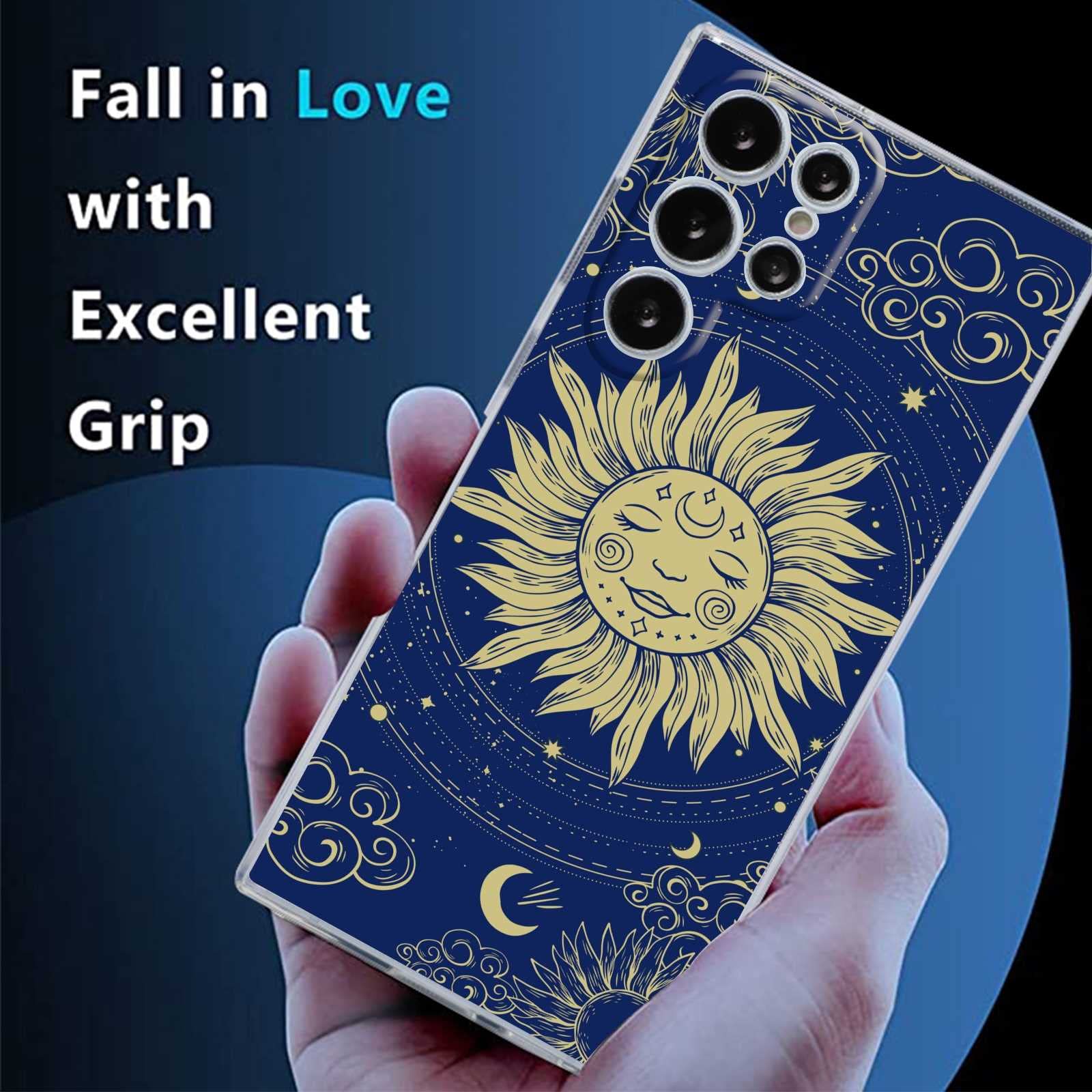 Samsung Galaxy S22 Ultra Case - Celestial Golden Sun Moon & Cloud Soft TPU Clear Phone Cover for Women | Trendy Protective Case for Everyday Use, Work & Travel