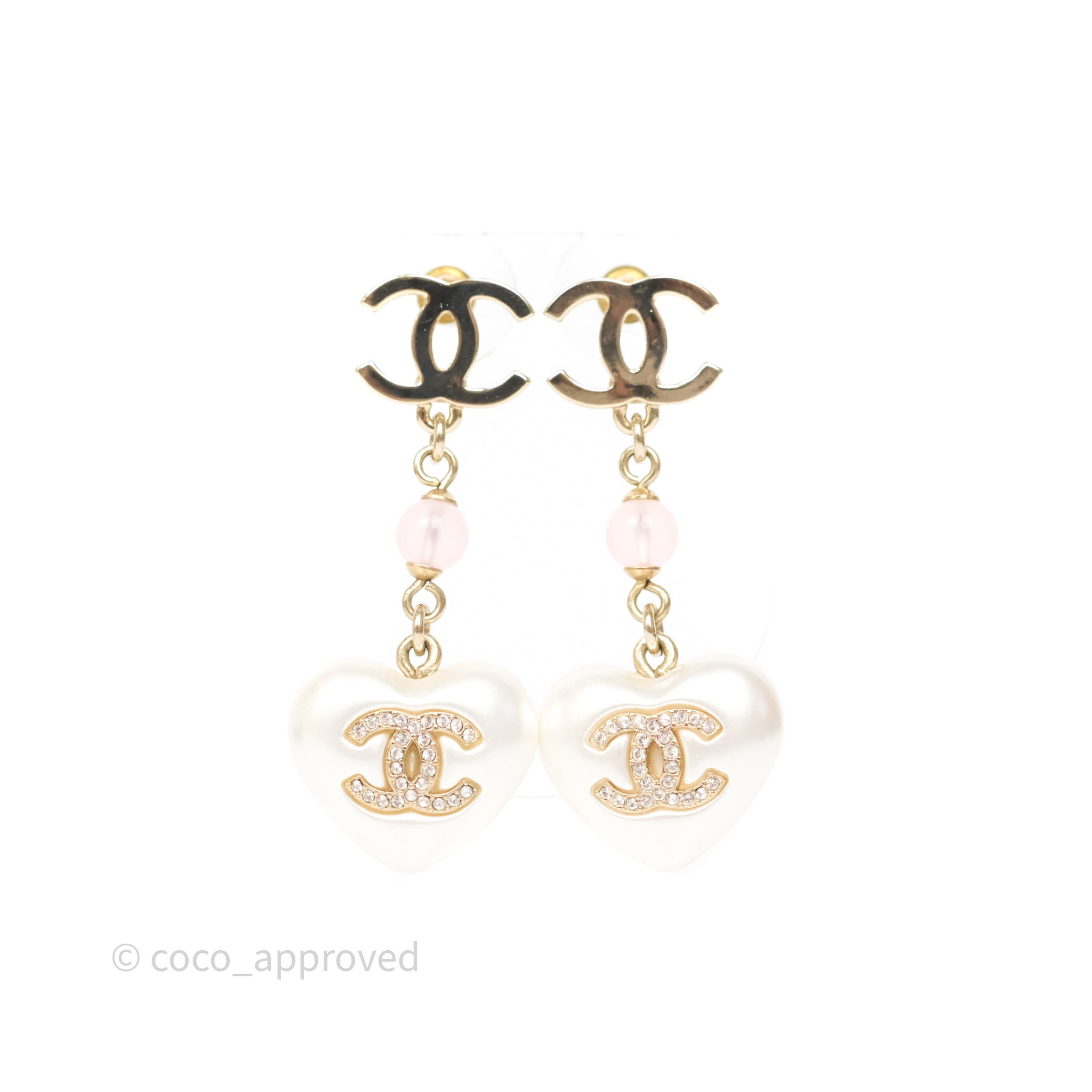 Chanel CC Pink Bead Heart Pearl Crystal Drop Earrings in Gold Tone - Elegant Luxury Jewelry for Women, Perfect for Parties, Weddings & Special Occasions