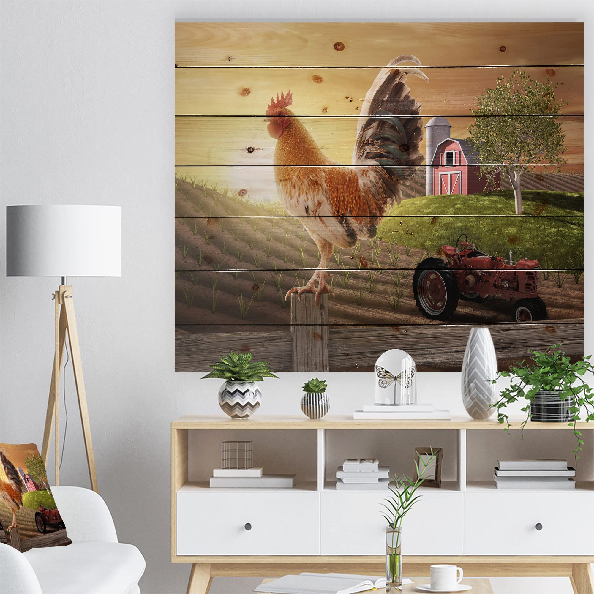 Rustic Farmhouse Wood Wall Art - Country Morning Scene with Large Animals, Natural Pine Wood Decor for Living Room, Bedroom & Farmhouse Style Homes