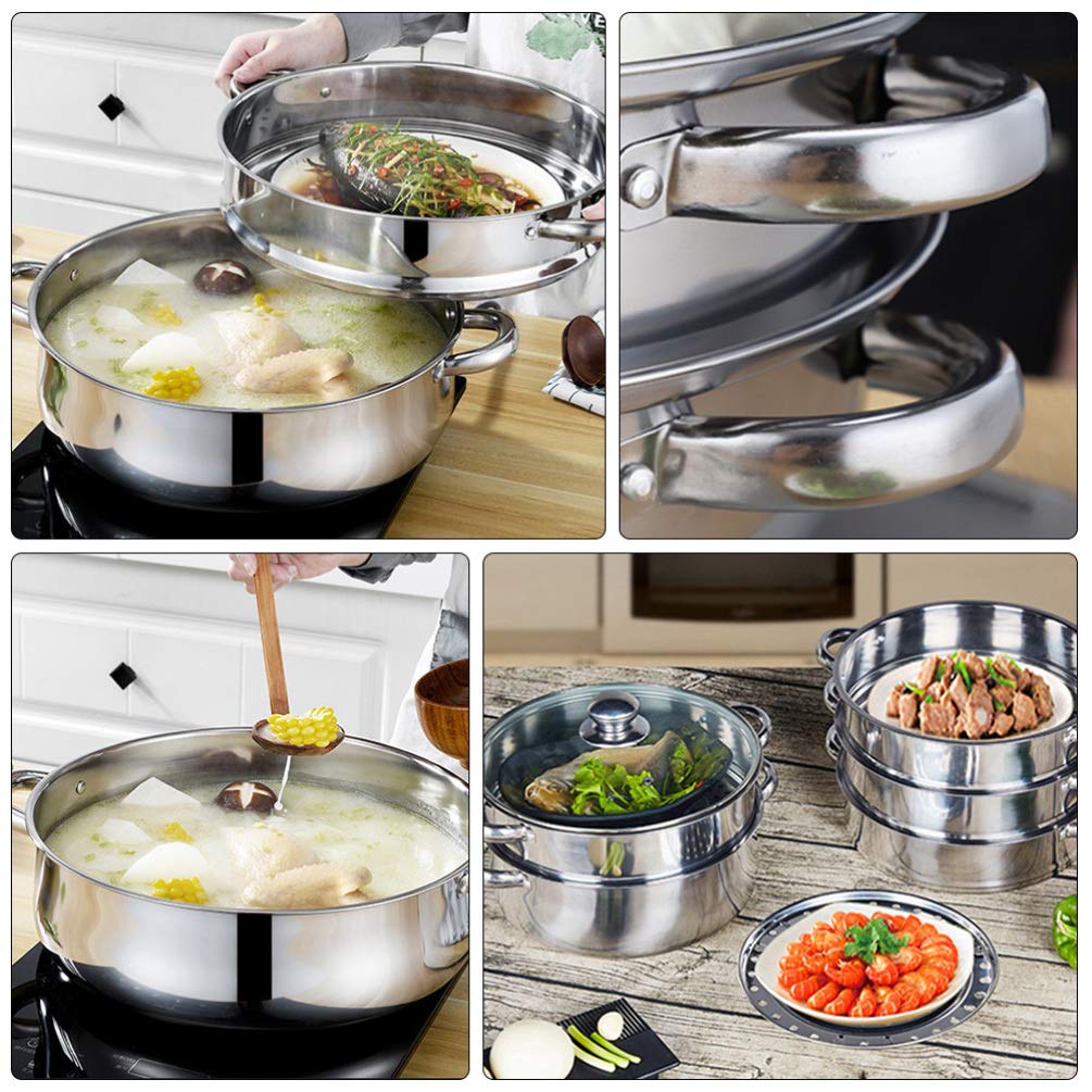 Premium Stainless Steel 3-Layer Steamer Pot for Soup, Stock & Cooking | Heavy-Duty Steamer Pot with Lid for Home Kitchen | Ideal for Steaming Vegetables, Seafood & Dumplings