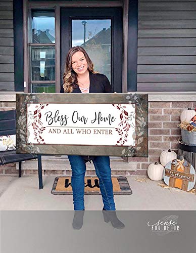 Bless Our Home Sign - Large Canvas Wall Art for Front Door & Entryway Decor (60x27, Brown) | Perfect Housewarming Gift & Living Room Wall Decor for Cozy Home Ambiance