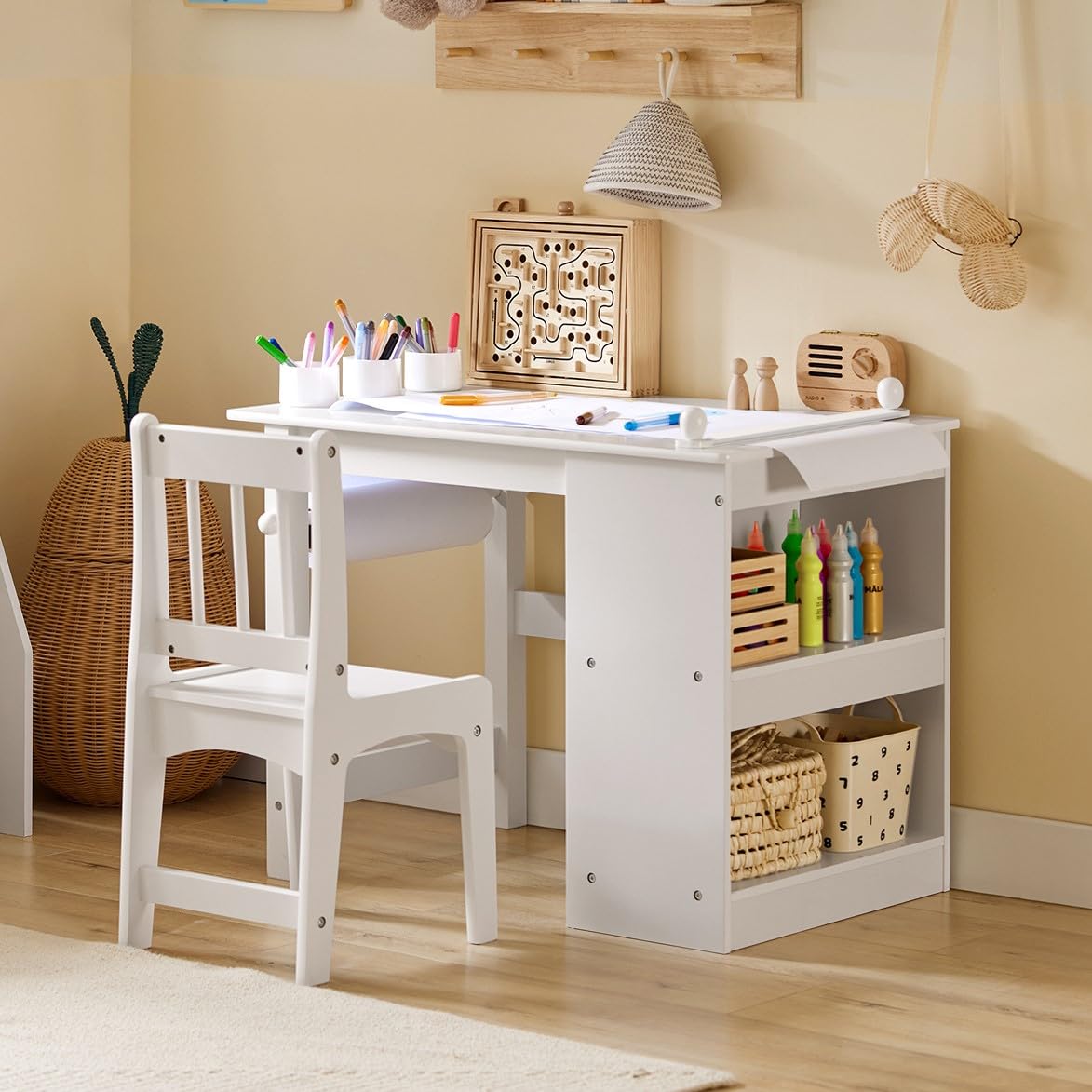 2 in 1 Kids Table and Chair Set with Paper Roller & Storage - White Art Desk for Painting, Drawing, Crafts & Homework | Perfect for Playrooms, Preschools & Home Learning Spaces
