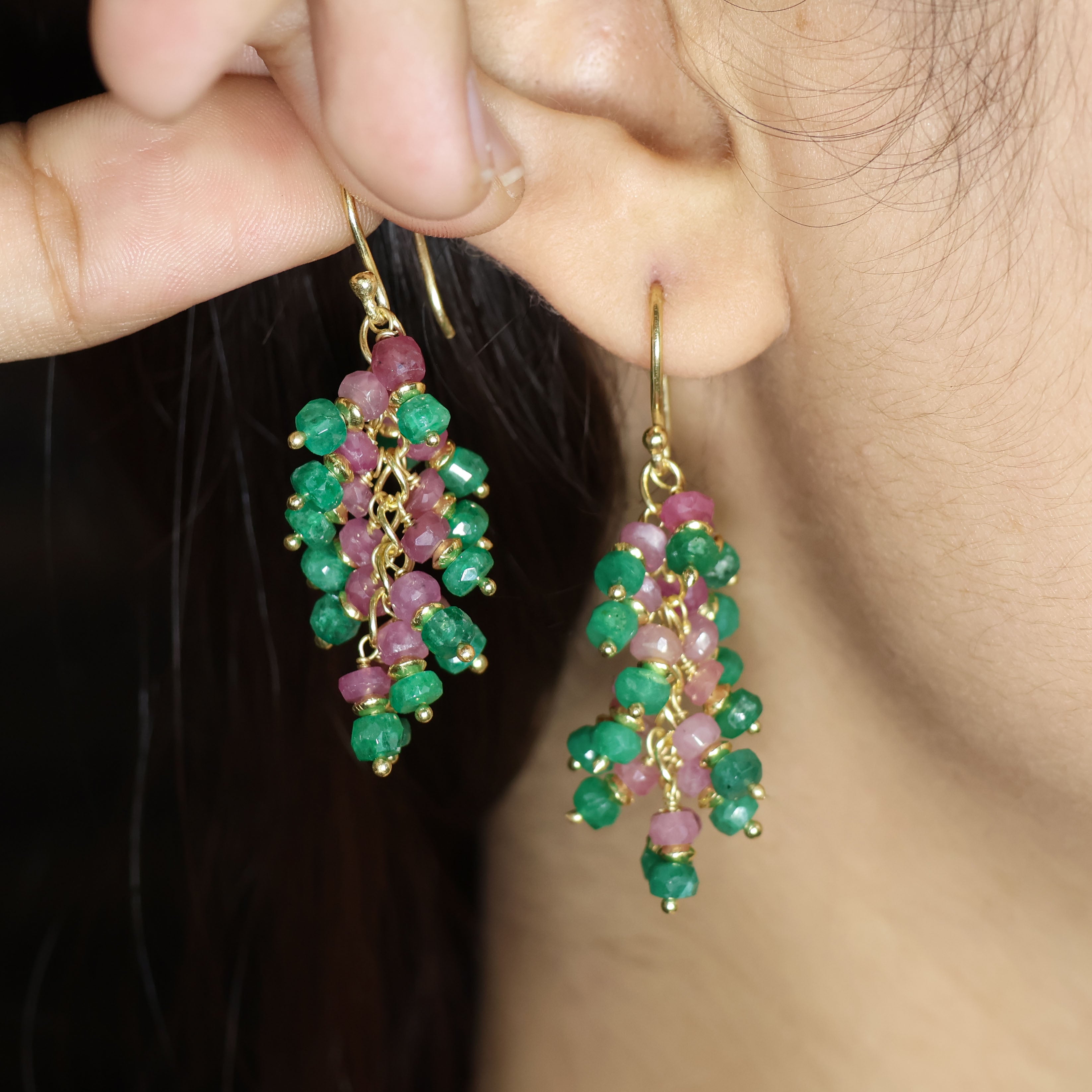 Natural Emerald & Ruby Faceted Beaded Cluster Earrings with French Hook - Elegant Dangle Earrings for Women, Perfect for Weddings, Parties & Special Occasions