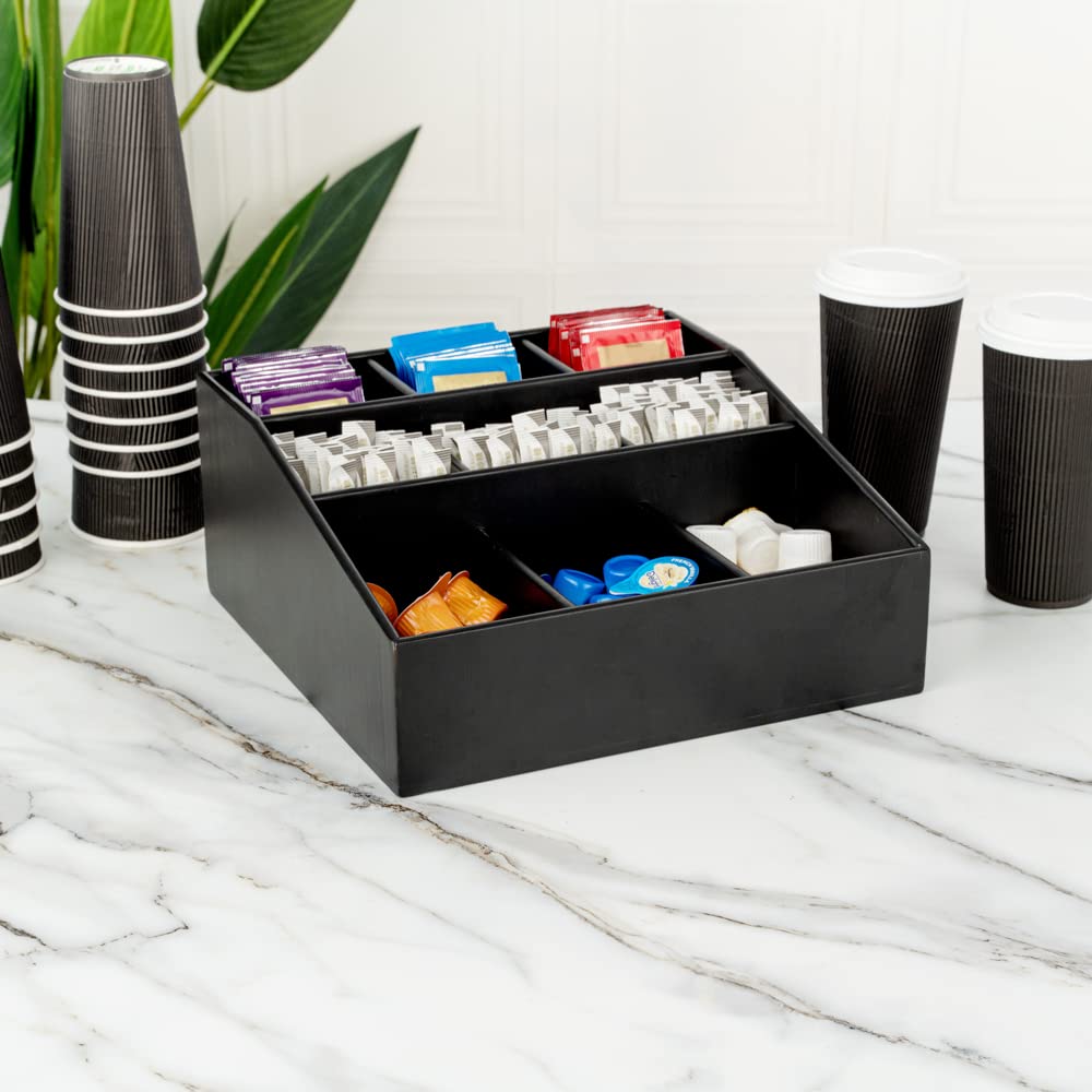 11.75 x 5.5 Inch Black Bamboo Coffee Condiment Organizer with 9 Compartments - Break-Resistant Creamer Caddy for Sugar Packets & Coffee Accessories | Perfect for Restaurants, Cafes & Home Kitchen Countertop Organization