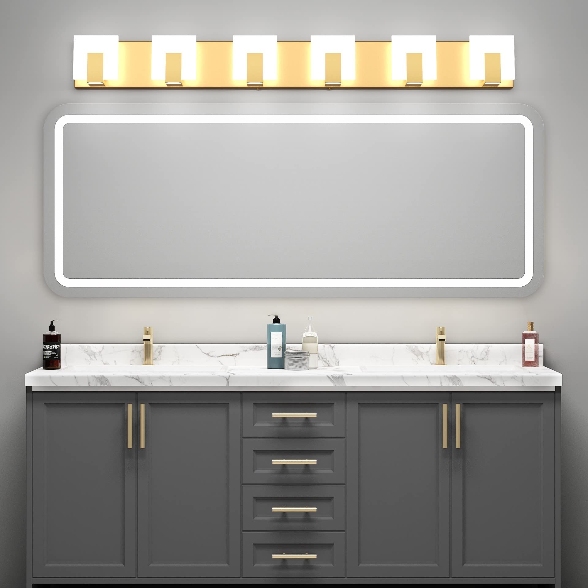 Aipsun Modern Gold Vanity Lighting Fixtures - 6-Light LED Bathroom Vanity Light with Up and Down Wall Sconce, 6000K Daylight - Perfect for Bathroom Makeup Vanity, Dressing Room, and Spa Lighting