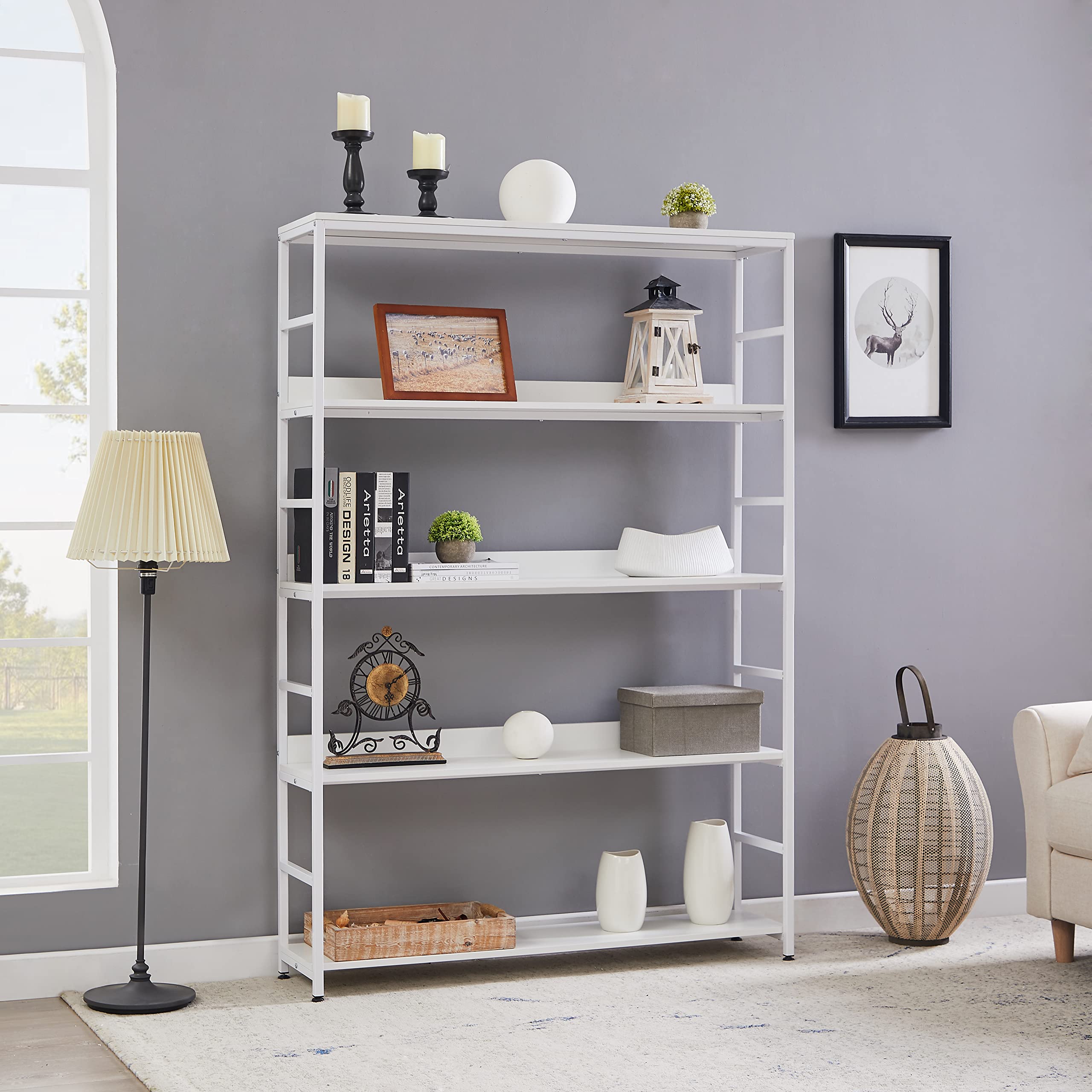 Merax 5-Tier Bookcase - 68.9 Inch Tall Open Bookshelf with Metal Frame for Home Office, Living Room & Bedroom Storage (White) - Perfect for Organizing Books, Decor & Essentials