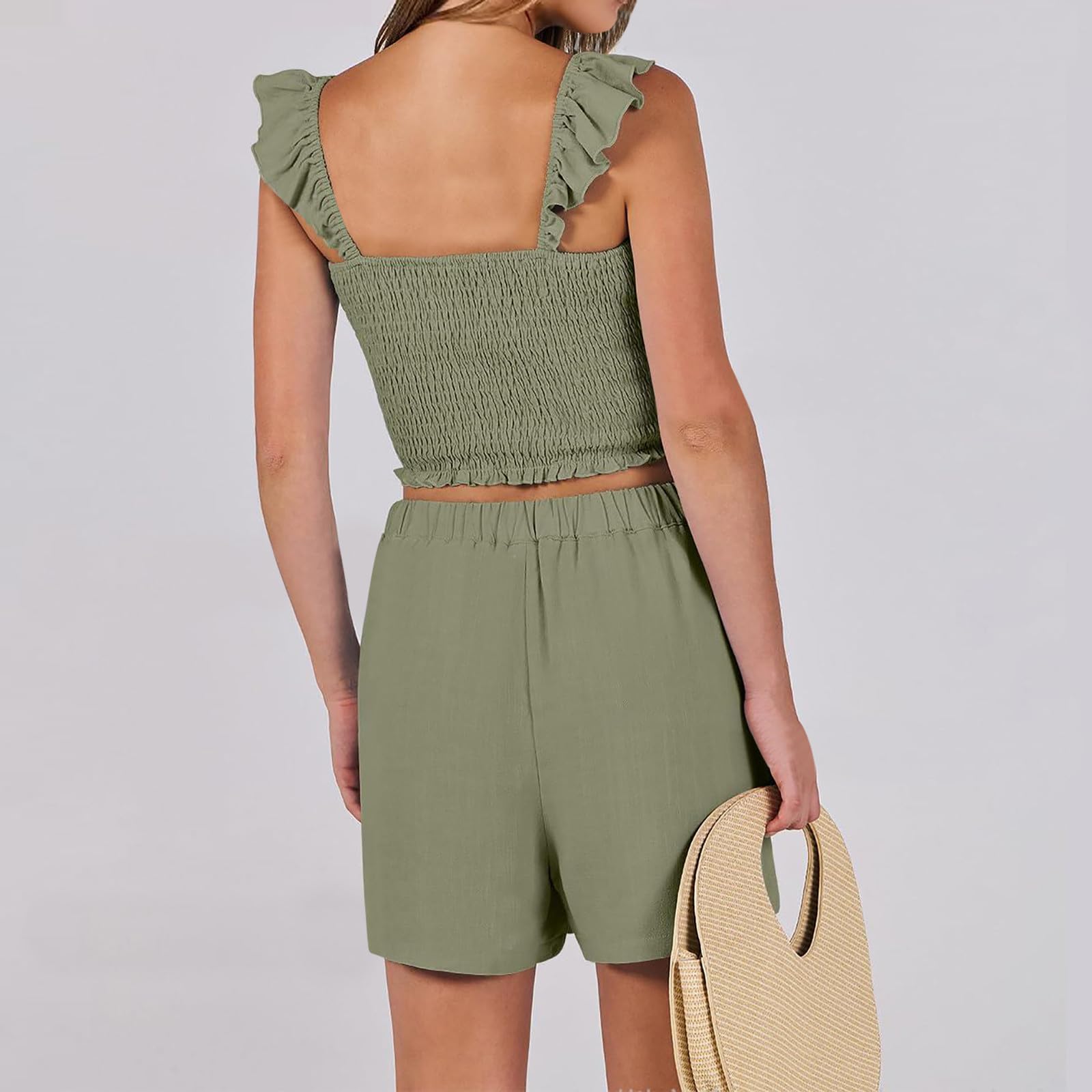 2 Piece Ruffle Summer Outfits for Women | Casual Soft Lounge Matching Sets | Smocked Crop Top & Pants | 2024 Solid Color | Perfect for Beach Vacations, Date Nights & Summer Parties