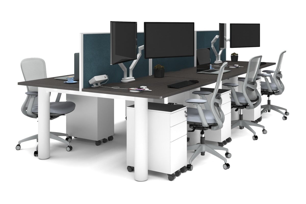 Quadro Cylinder Leg 6-Person Office Workstation Desk - 1400L x 800W with Cable Management Scallop - Modern Open Office Layout, Team Collaboration Space, Shared Workspace Solution