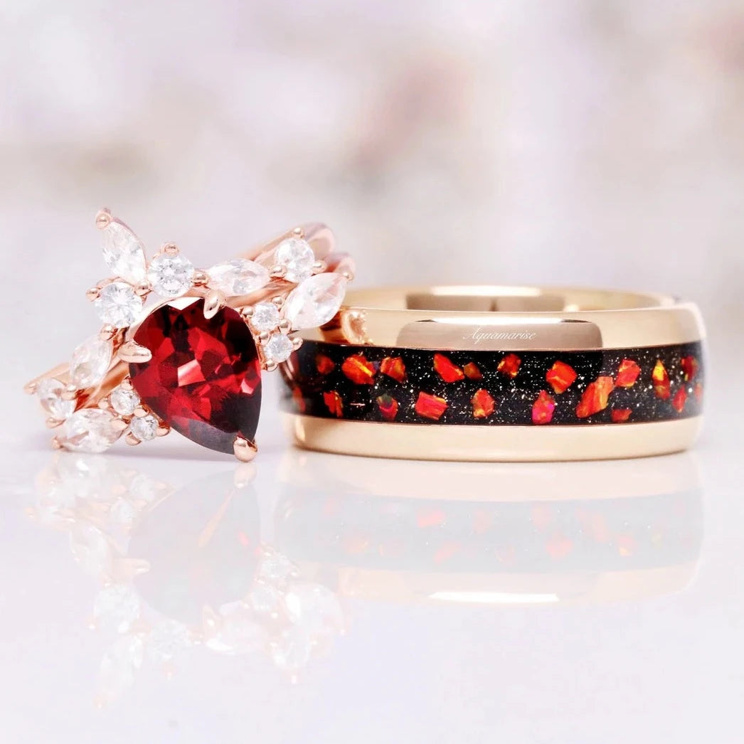 Red Fire Opal Garnet Galaxy Sandstone Couple Rings for Men & Women - Perfect for Anniversaries, Engagements & Romantic Gifts