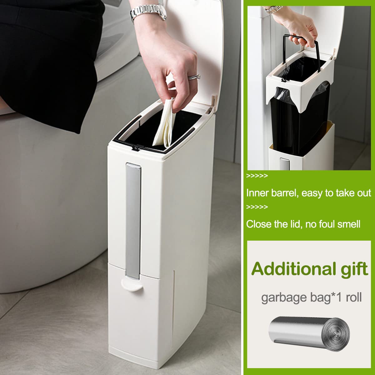 3-in-1 Slim Bathroom Trash Can with Pop-Up Lid & Built-in Brush Holder - 5 Liter Modern Rectangular Waste Bin for RV, Home, or Office - Press Top White/Ivory Garbage Can for Bathroom, Kitchen & Small Spaces