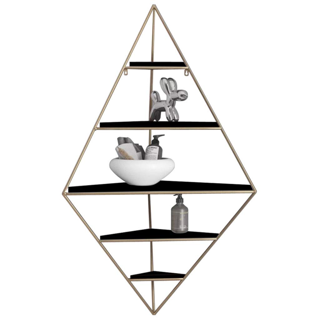 Floating Shelves Corner - Wrought Iron Wall Shelf with 5 Wooden Layers - Large Multi-Tier Metal Storage Rack for Bathroom, Living Room & Kitchen - Black & Gold - Perfect for Small Space Organization & Home Decor