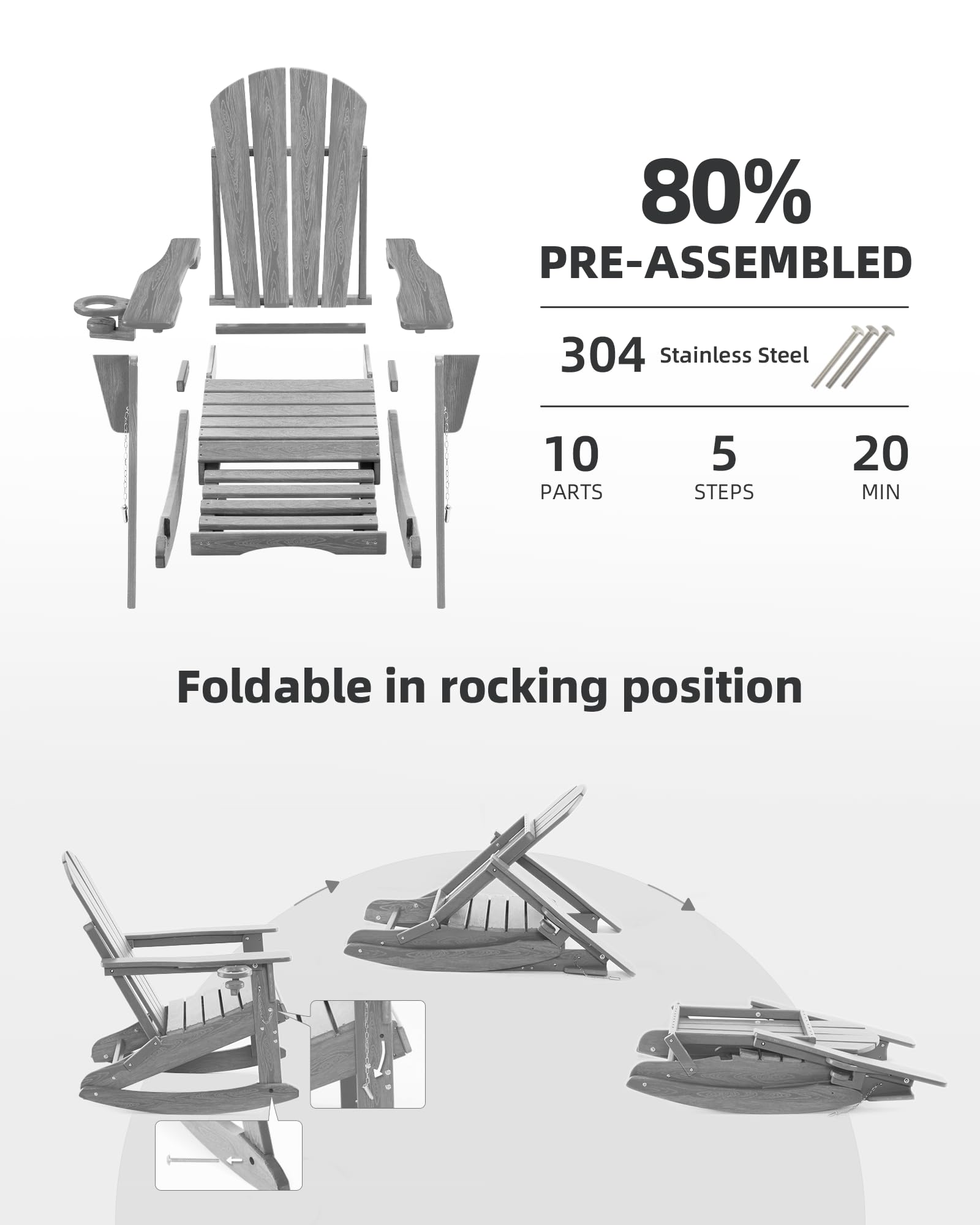 4-in-1 Folding Adirondack Rocking Chair with Ottoman - Wood Texture Patio Chair for Outdoor Relaxation in Backyard, Porch, Poolside & Garden (Grey) - Perfect for Lounging, Sunbathing & Entertaining Guests