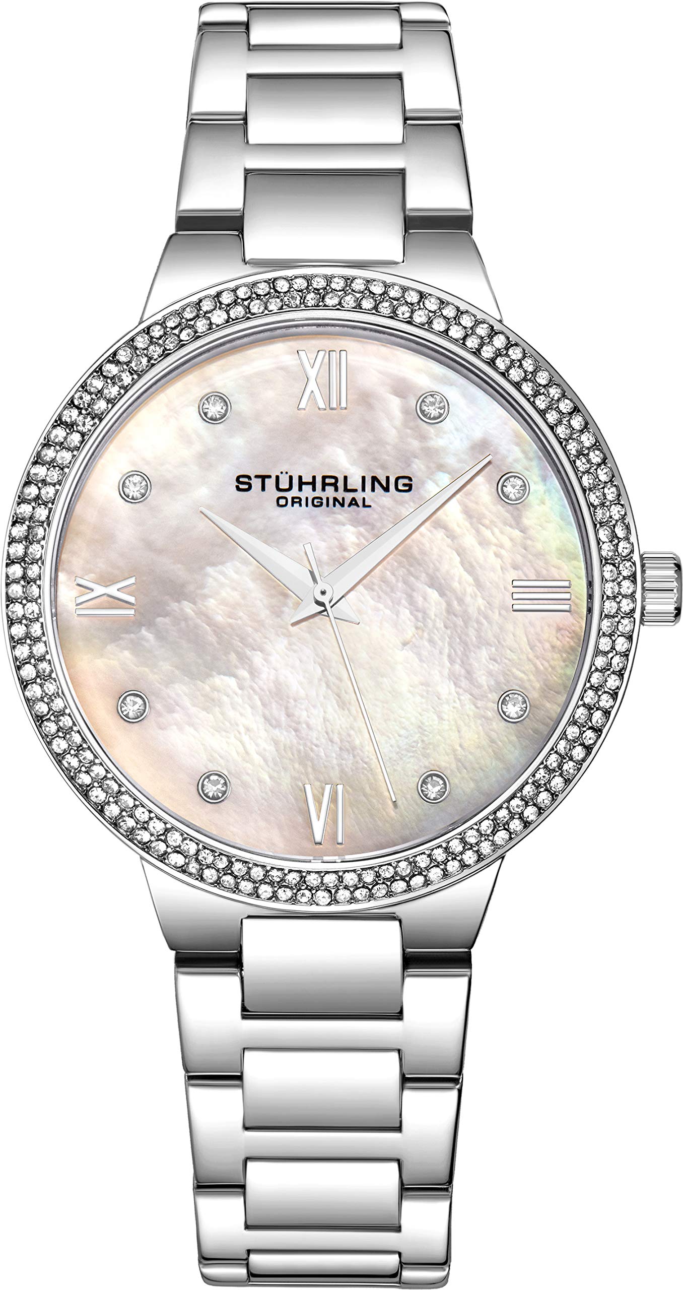 Stuhrling Women's Watch with Pave Crystal Bezel & Pearl Dial - for Work & Evening Wear