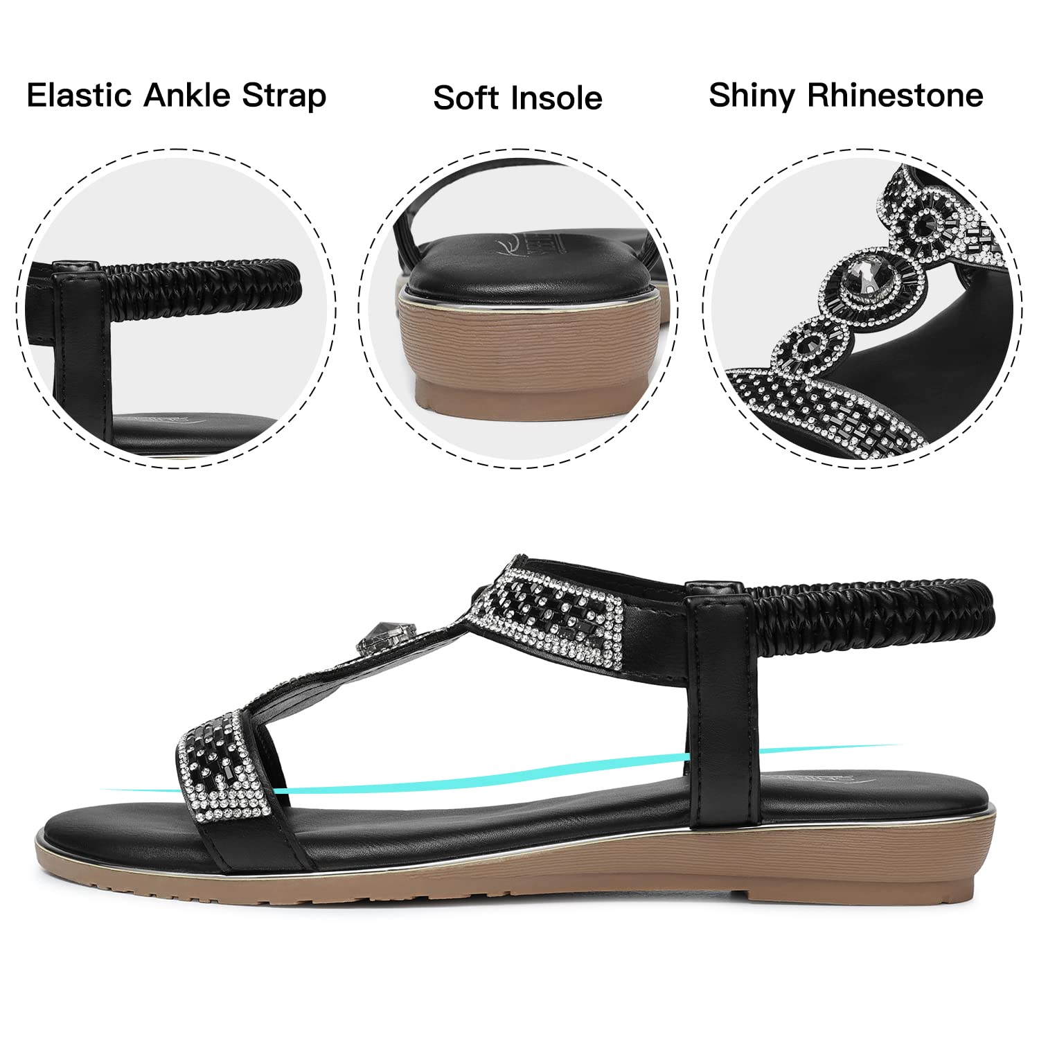 SHIBEVER Women's Rhinestone Bling Dressy Sandals - Comfortable Summer Flat Sandals with Ankle Strap for Casual Wear, Beach, Wedding & Party Occasions
