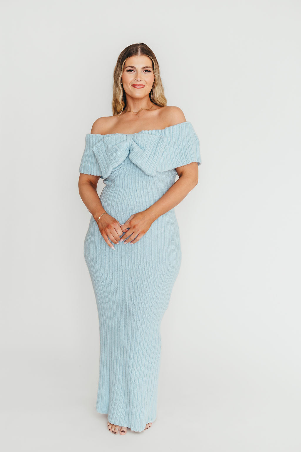 Aston Bow Front Maxi Sweater Dress in Ice Metal - Bump Friendly Maternity Dress with Inclusive Sizing (S-3XL) | Perfect for Pregnancy, Nursing, Work & Special Occasions