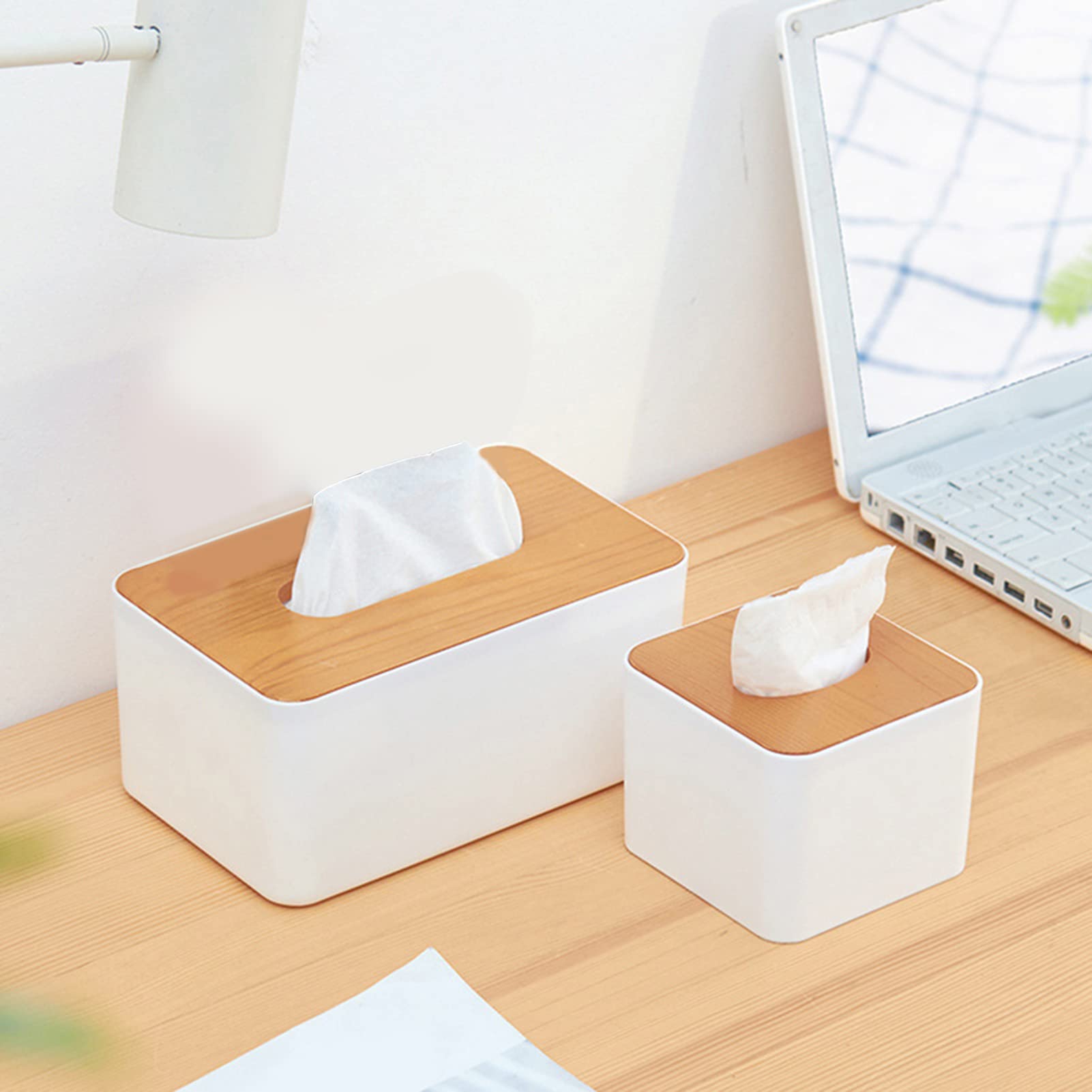 Premium Wooden Tissue Box Cover - Large Square Disposable Paper Facial Tissue Holder for Bathroom, Kitchen, Office & Living Room - White Wooden Tissue Dispenser for Home Decor & Organization