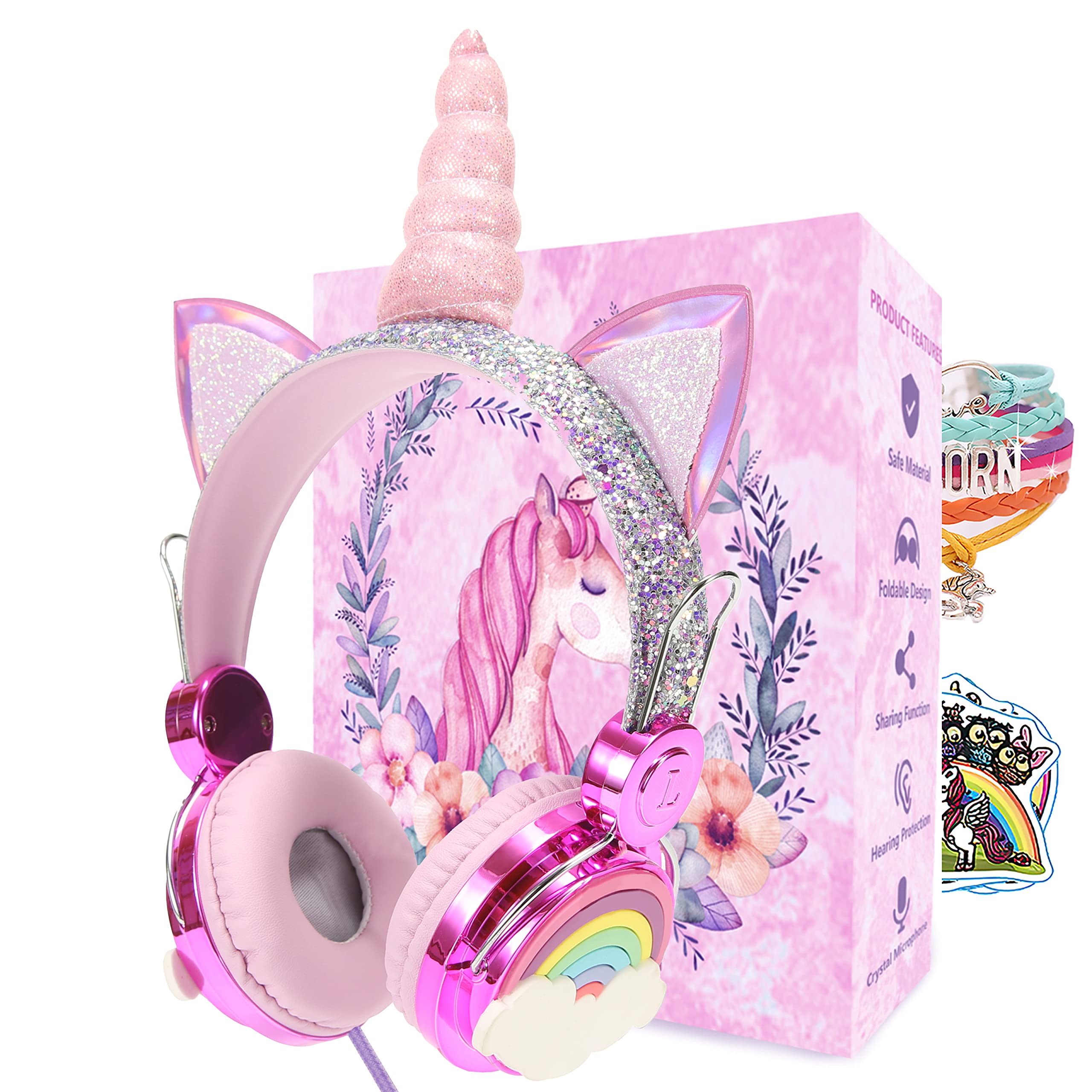 **Soosooly Kids Rainbow Headphones with Microphone - Unicorn Gifts for Girls, Wired Over-Ear Headset with 3.5mm Jack, HD Sound for Online School, Kindle, Tablet & PC (Hot Purple) - Perfect for Study, Gaming & Virtual Learning**
