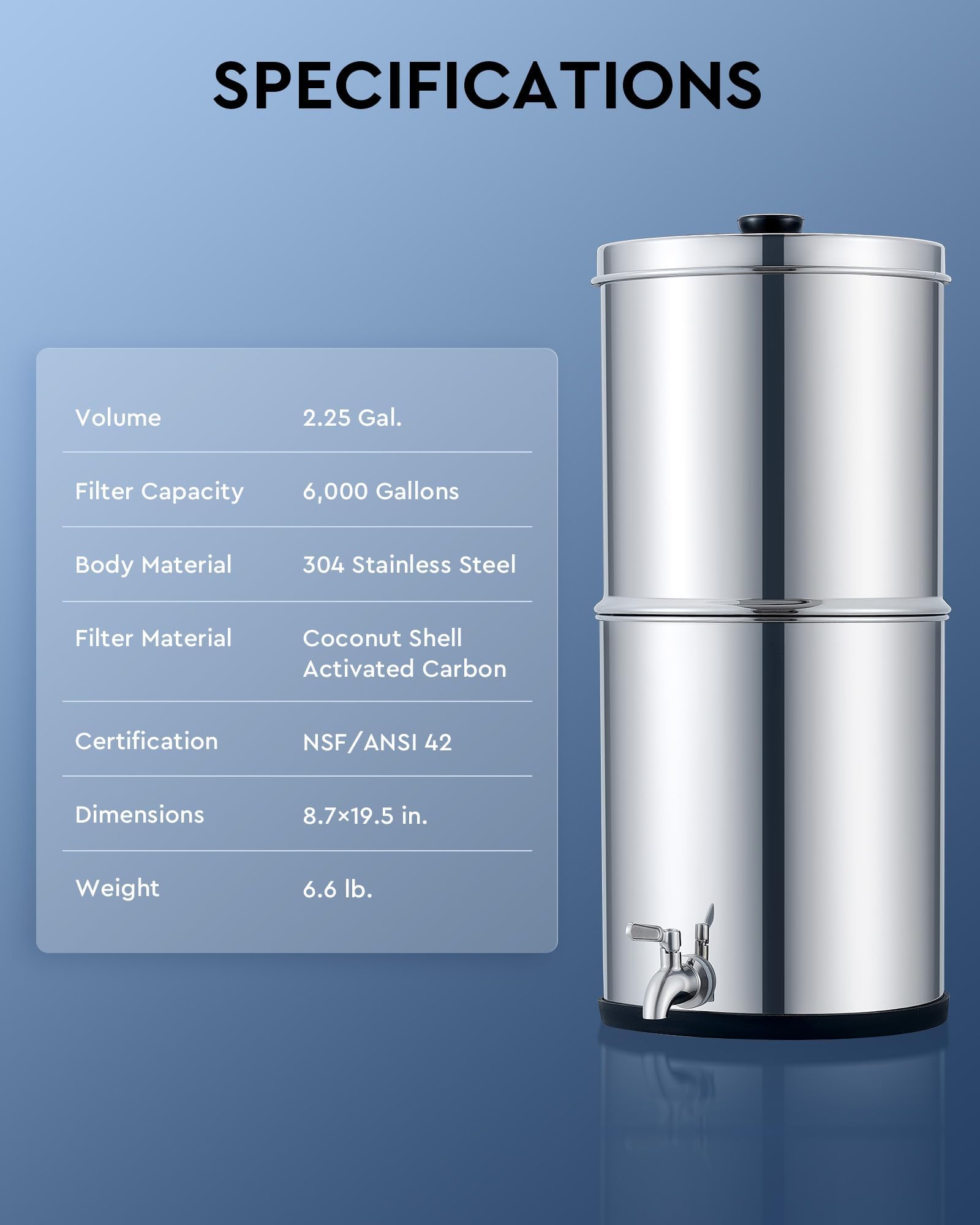CO-Z 2.25 Gallon Gravity-Fed Water Filter System - Countertop Stainless Steel Water Purifier with 2 Carbon Filters & Spigot | NSF/ANSI 42 Certified | Perfect for Home, Office, Camping & Emergency Preparedness