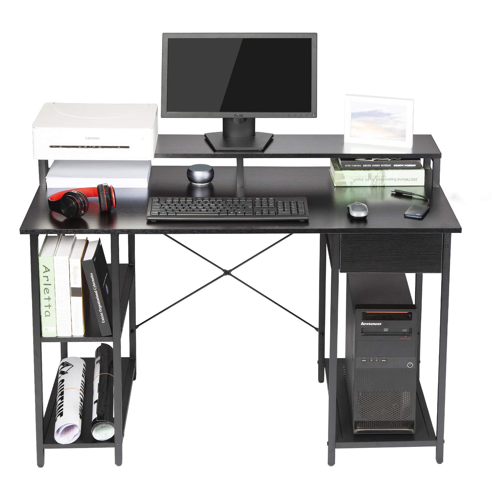 OUTFINE Modern Computer Desk with Drawer, Monitor Stand & Storage Shelves - Home Office Desk for Work, Study & Gaming - Ergonomic Writing & Workspace Solution