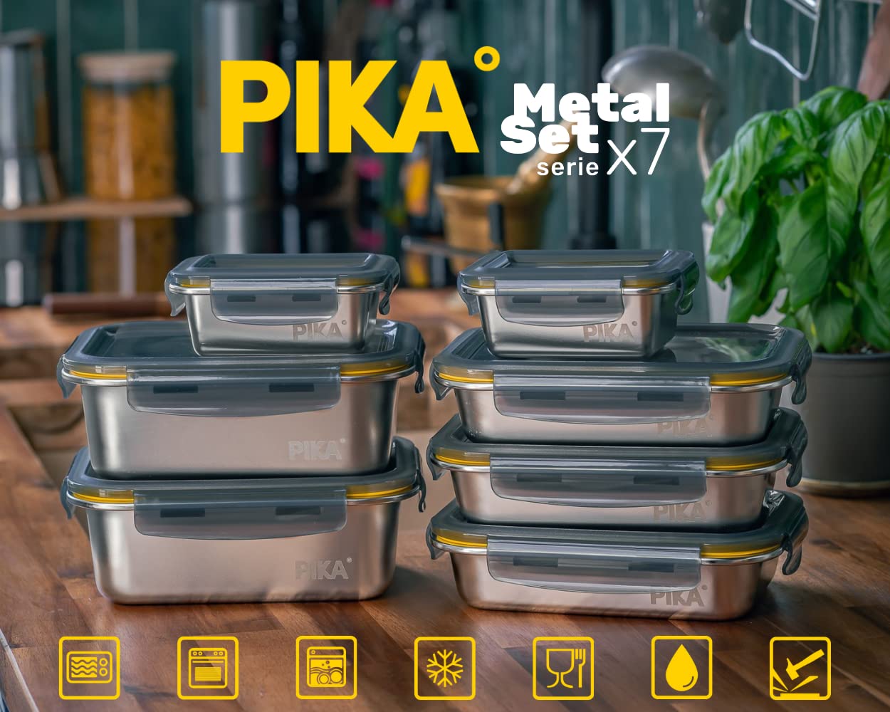 PIKA - 7-Piece Airtight Stainless Steel Food Storage Containers Set - Microwave, Oven & Freezer Safe - Perfect for Meal Prep, Batch Cooking & Leftovers Storage - Ideal for Home, Office & Picnic Use