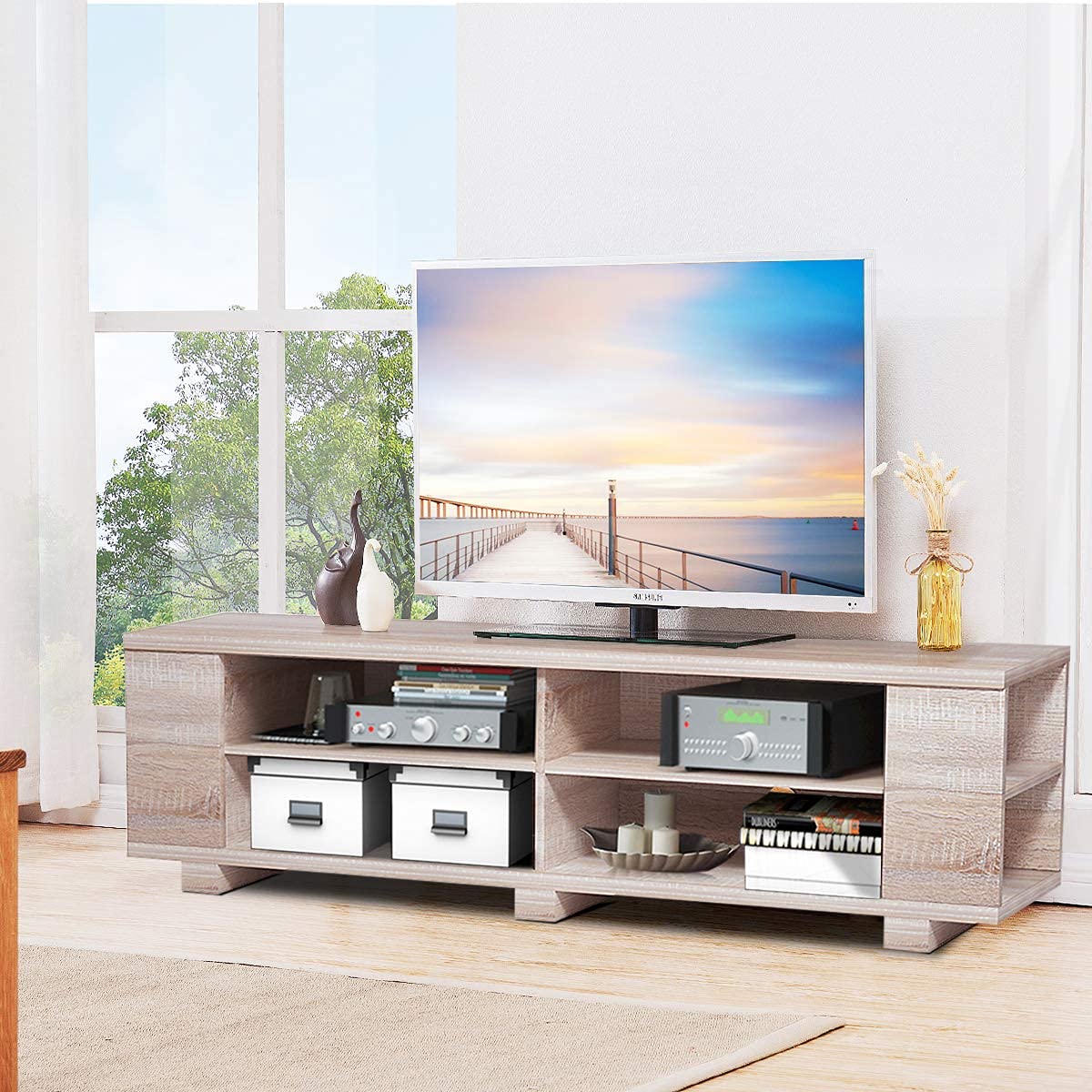 Modern Wood TV Stand for 65-Inch TVs - Universal Entertainment Center with 8 Open Storage Shelves - Stylish Living Room Furniture for TV, Gaming & Media Storage (Natural Wood Finish)