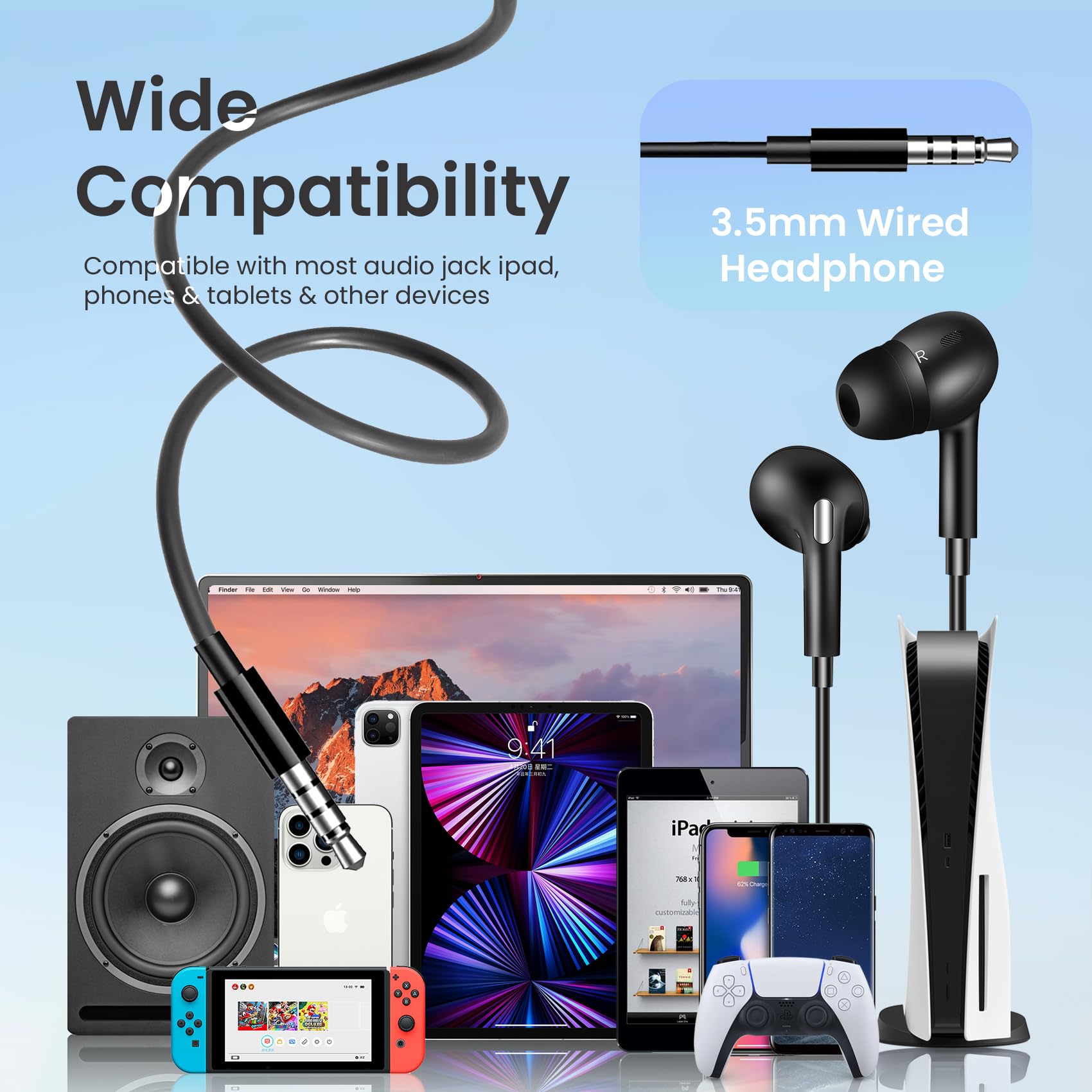 Premium Wired Earbuds with 3.5mm Jack - Powerful Treble & Clear Bass Noise Cancelling Headphones with Built-in Mic for Android/iOS - Perfect for Gaming, Workouts, Commuting & Office Use (Pure Black)