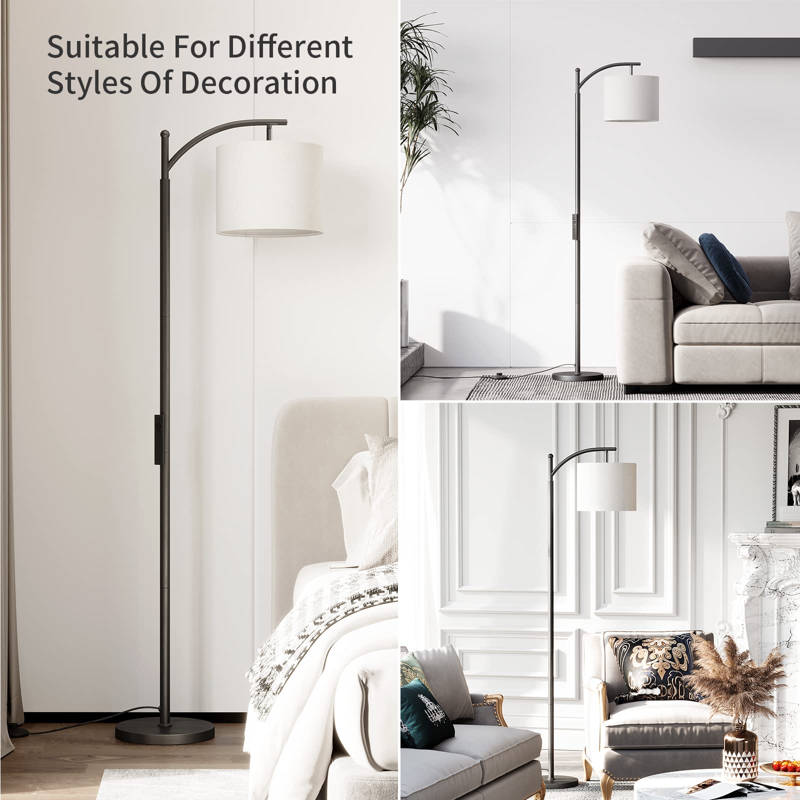 SUNMORY Modern Arc Floor Lamp with Remote Control - Dimmable LED Standing Light with Adjustable Hanging Lampshade for Living Room, Bedroom, Office - Black | Perfect for Reading Nook, Home Theater Lighting & Cozy Ambience