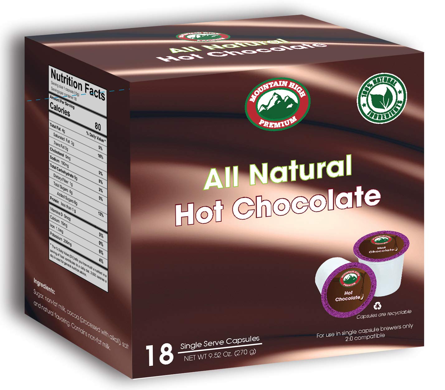 Mountain High All Natural Hot Chocolate Single Serve Cups - 72 Count, Milk Chocolate Flavor, 2.0 Compatible | Perfect for Office, Home & Gifts