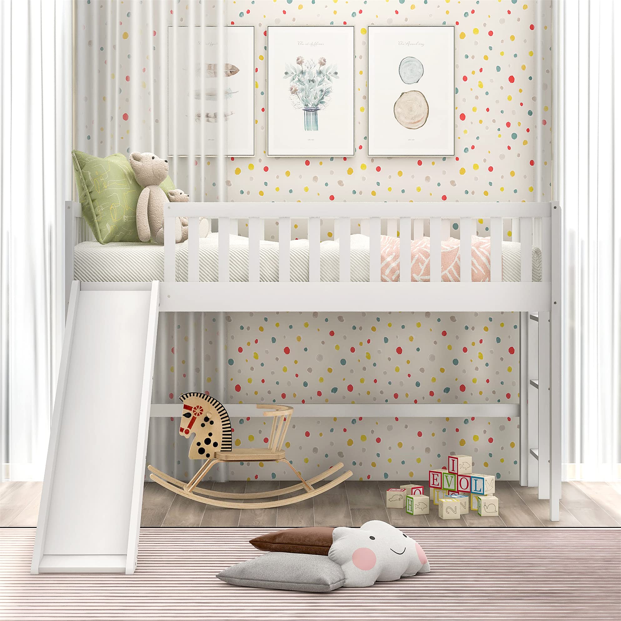Harper & Bright Designs Twin Loft Bed with Slide - Wooden Low Loft Bed for Kids & Teens - No Box Spring Needed - White - Perfect for Small Bedrooms & Playrooms
