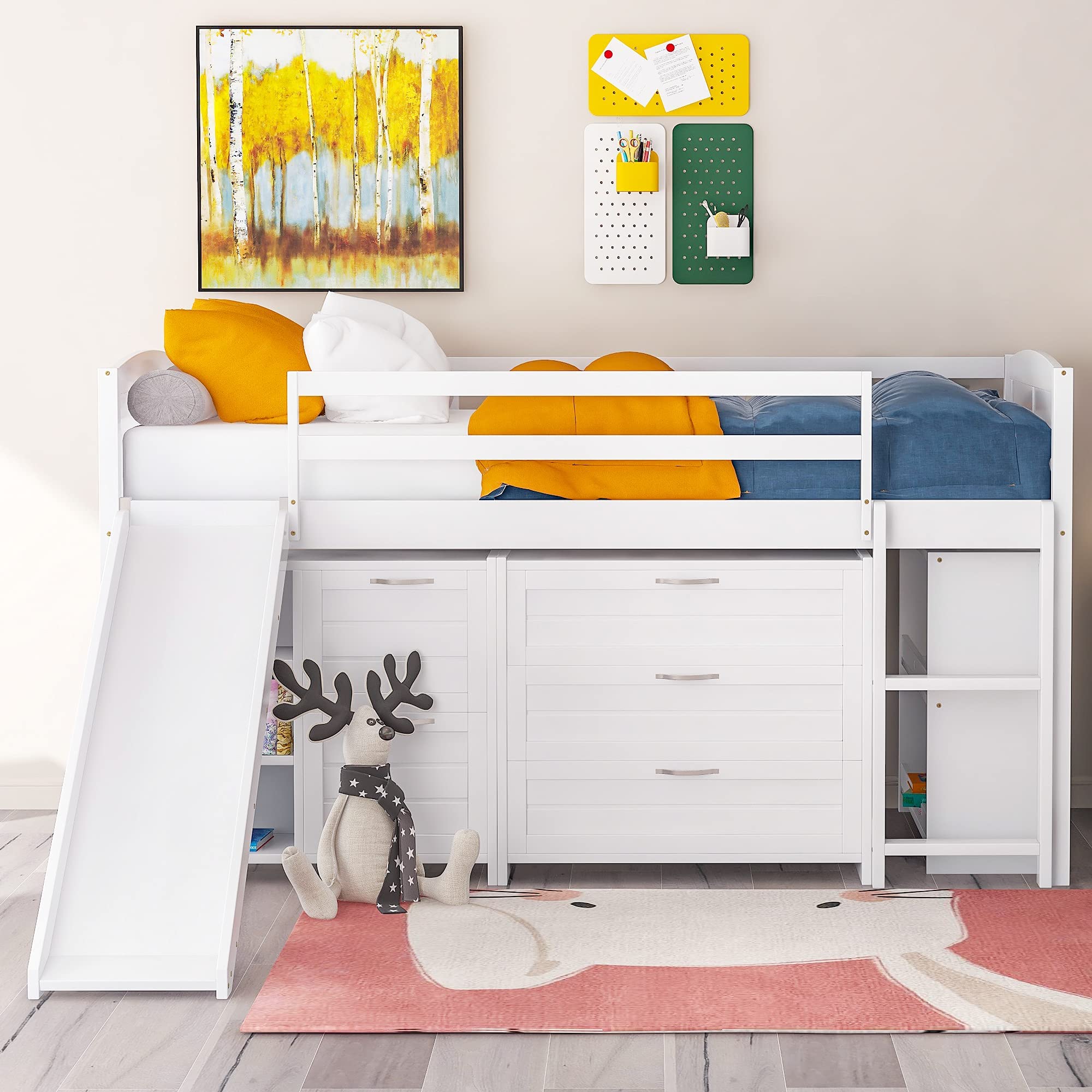 Harper & Bright Designs Solid Wood Low Twin Size Loft Bed with Slide, Drawers & Bookshelf - Kids Cabin Bed Frame for Bedroom or Playroom - Perfect for Small Spaces & Sleepovers (White)
