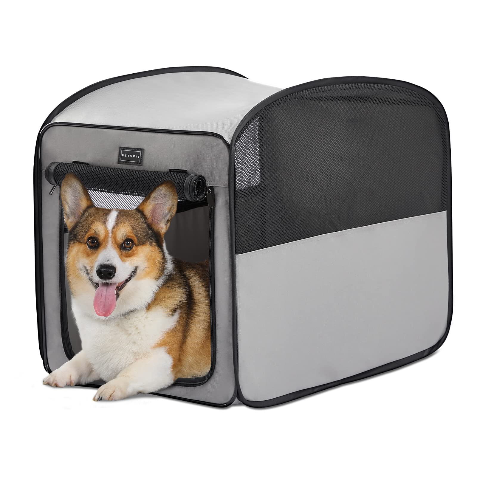 Petsfit Portable & Waterproof Dog Crate for Medium Dogs - Lightweight Pop Up Pet Cage Kennel for Indoor Outdoor Use, Travel Carrier (Grey) - Perfect for Camping, Road Trips & Home Training