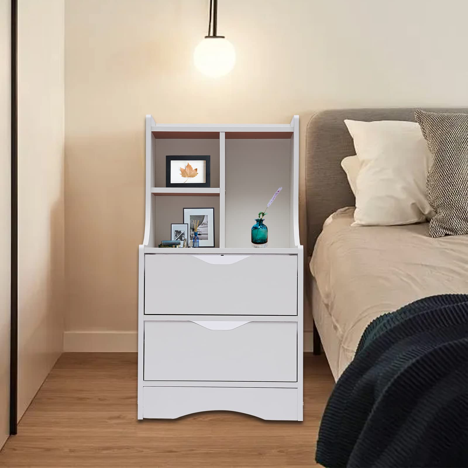 White Nightstand with 2 Drawers & Open Shelf - Solid Wood Bedside Table, Storage Cabinet for Bedroom - Perfect for Holding Lamps, Books & Alarm Clocks - Night Stand, Dresser, Night Table for Modern Home Decor