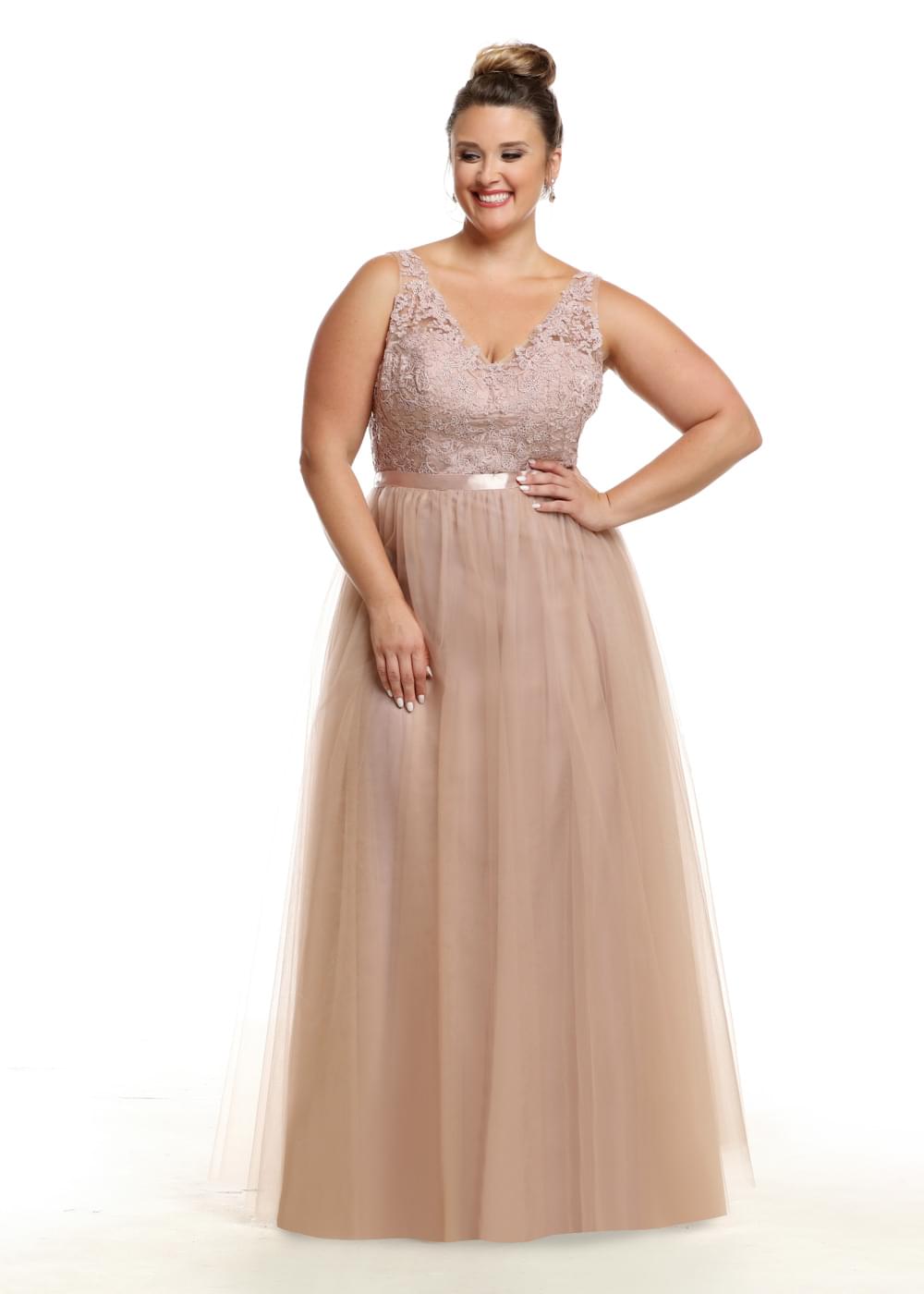 Elegant 80097 A-Line Tulle Bridesmaid Dress with Lace Bodice & Sash - Perfect for Weddings, Prom & Formal Events