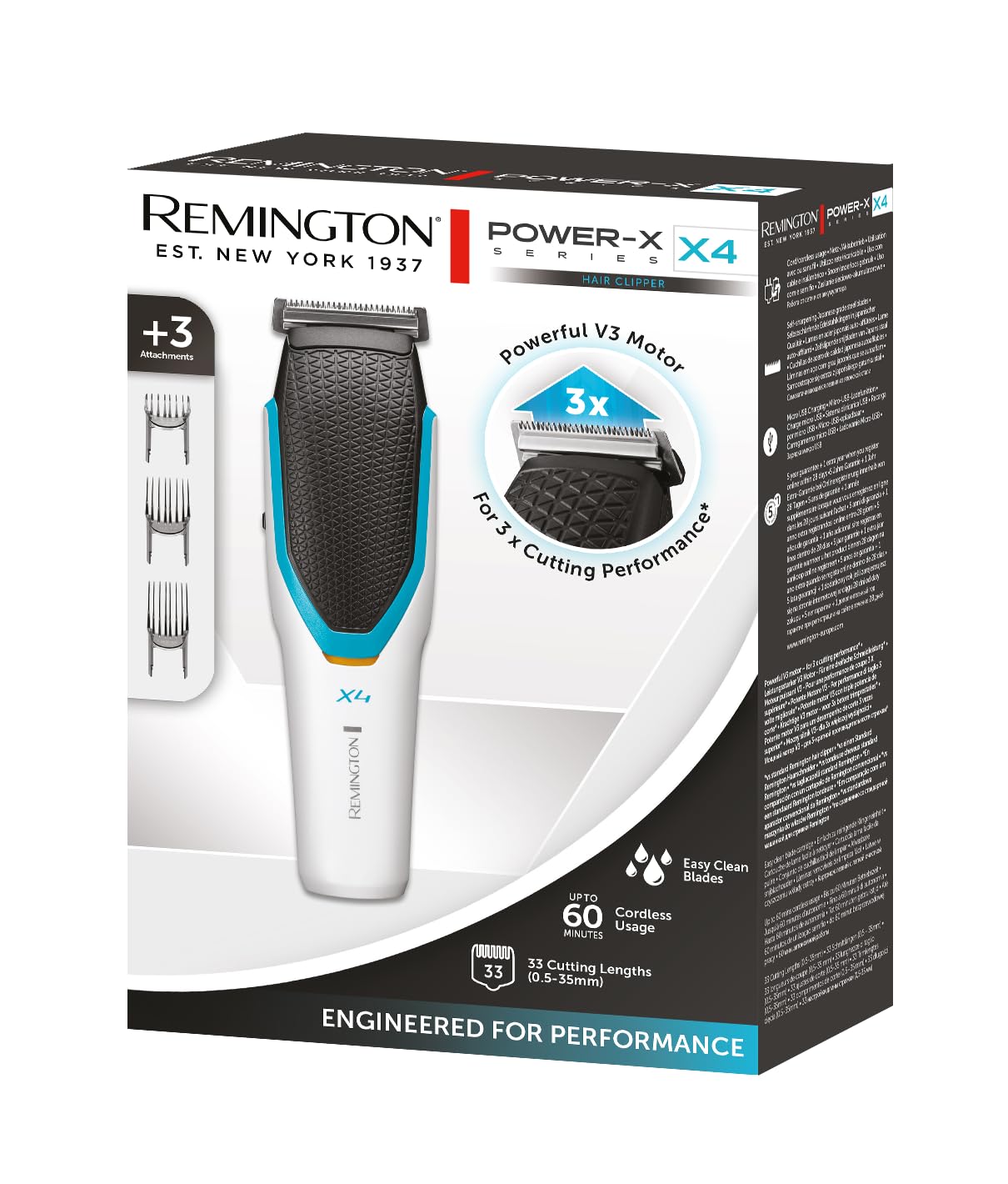 Remington Professional X4 Hair Trimmer with 3 Adjustable Combs (3-35mm) - Japanese Stainless Steel Blades, Cordless & Battery Powered - HC4000 Power X Series - Perfect for Home Haircuts, Beard Trimming & DIY Grooming