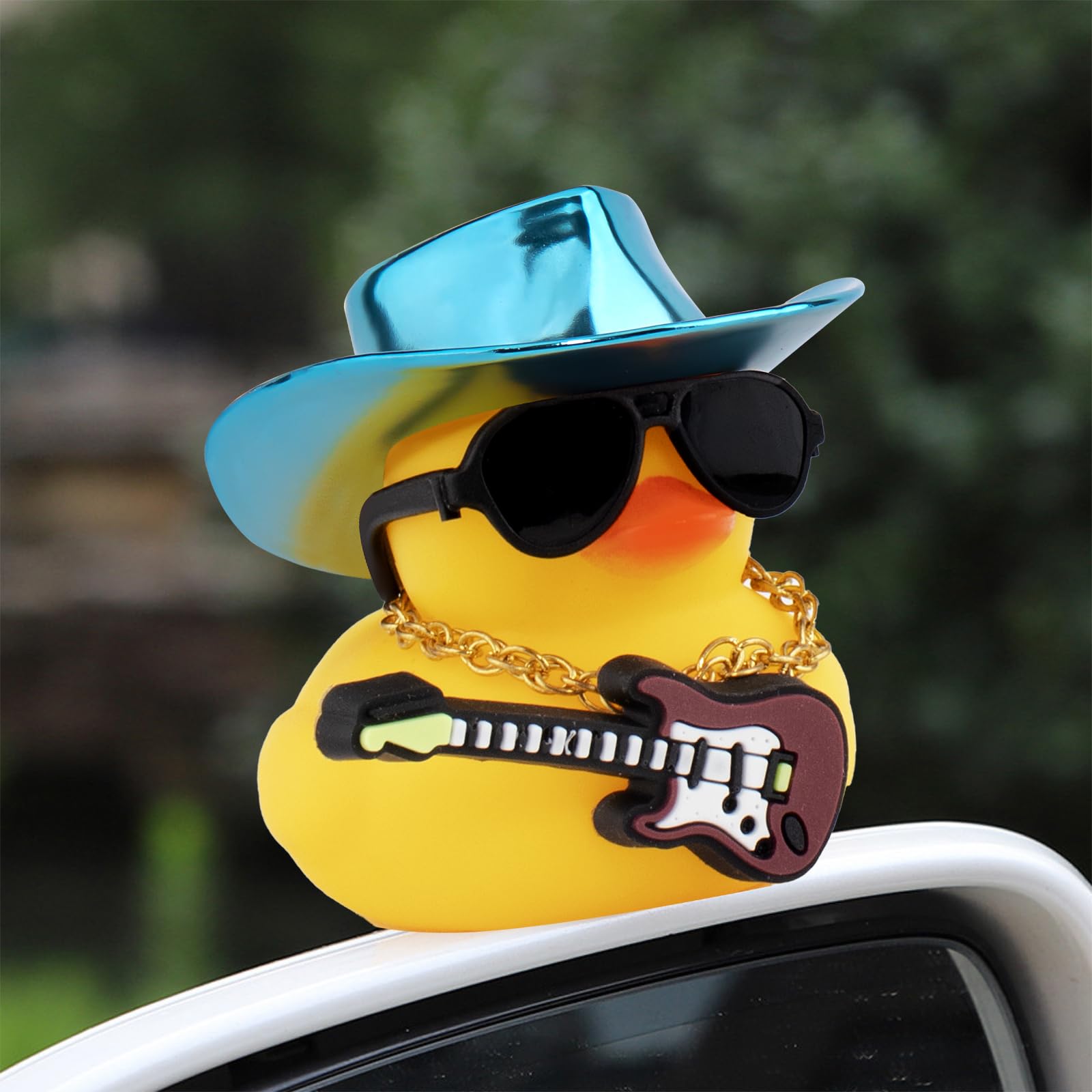 Wonuu Rubber Duck Car Ornaments with Cowboy Hat, Necklace & Sunglasses - Blue Guitar Duck Dashboard Decor for Cool Car Accessories, Perfect for Road Trips & Gift Giving