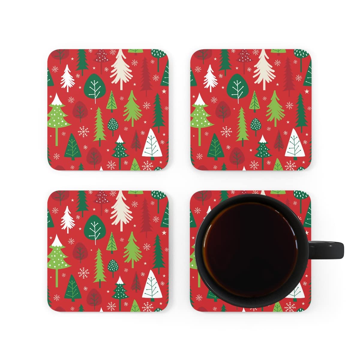 Christmas Wooden Coasters Set of 4 - 3.5 x 3.5 Inch Holiday Tree Printed Drink Coasters for Dining Table, Office & Home Decor - Perfect Xmas Gift for Family & Friends - Ideal for Holiday Parties, Dinner Gatherings and Festive Home Decoration