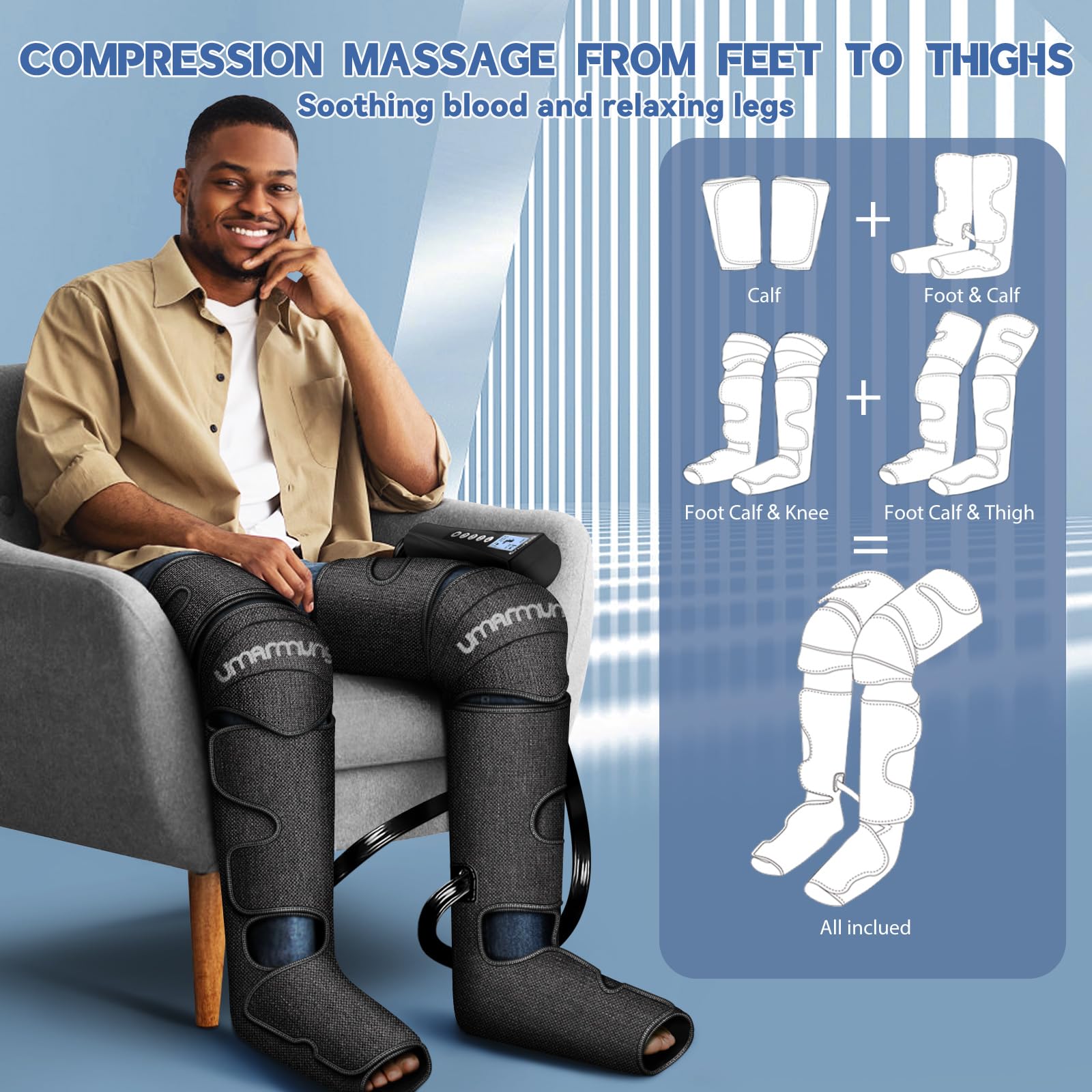 Air Compression Leg Massager with Heat - Best Gift for Christmas, Mother's Day & Father's Day - Relieves Foot & Knee Pain, Varicose Veins, Cramps, Swelling - Perfect for Home, Office & Post-Workout Recovery
