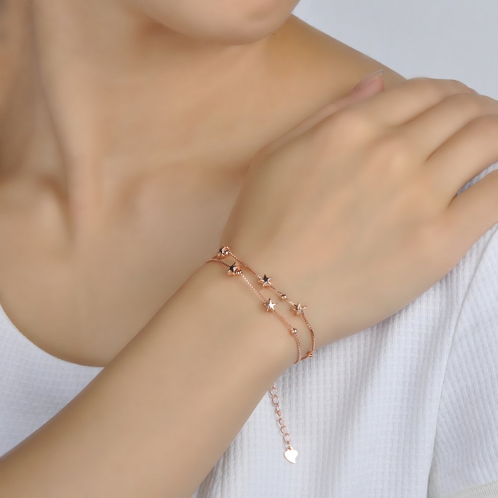 925 Sterling Silver Adjustable Multi-Strand Charm Bracelet with Rose Gold Star Charms - Elegant Link Chain Bangle for Women, Perfect for Everyday Wear, Date Nights & Special Occasions
