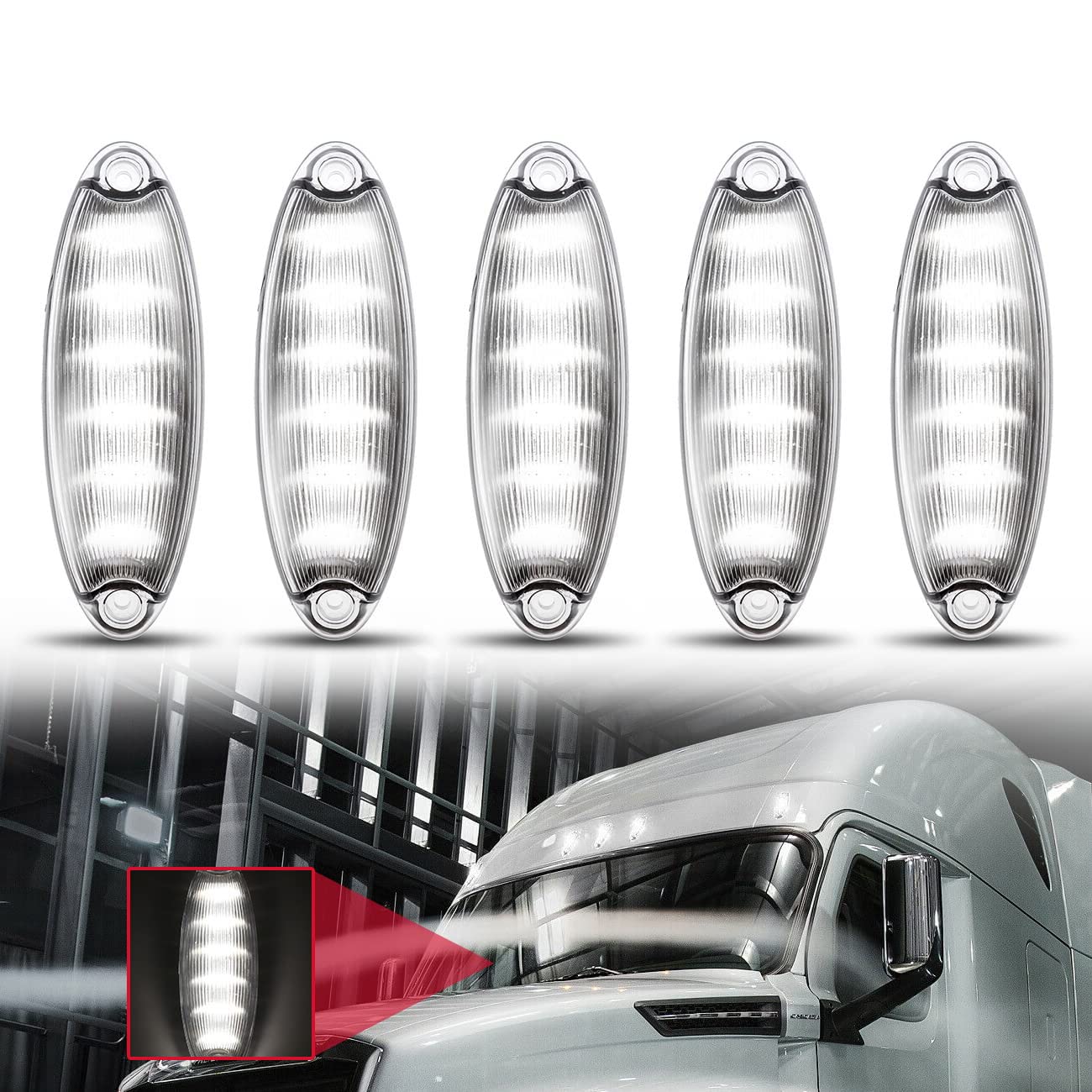 ALAVENTE 5-Pack Universal Roof Top Clearance Lights - 12 LED White Marker Lamps for Freightliner Cascadia, Trucks, Trailers, Tractors & Dump Trucks - Waterproof & Durable for Night Driving & Safety Compliance