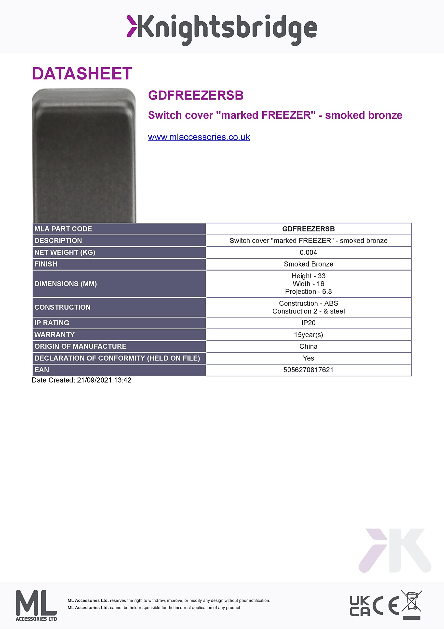 Switch Cover Marked 'Freezer' (GDFREEZERSB) - Durable Electrical Enclosure for Freezer Units & Cold Storage Applications