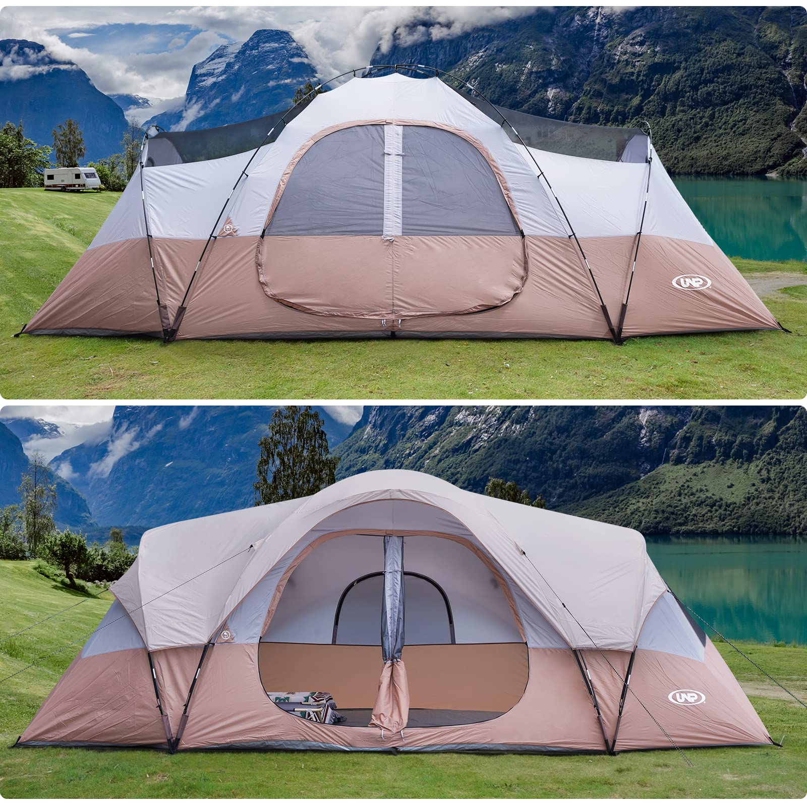 UNP 10-Person Camping Tent - Family & Festival Shelter with 5 Mesh Windows, Double Layer, 2 Rooms, Waterproof & Weather Resistant (18'x9'x78