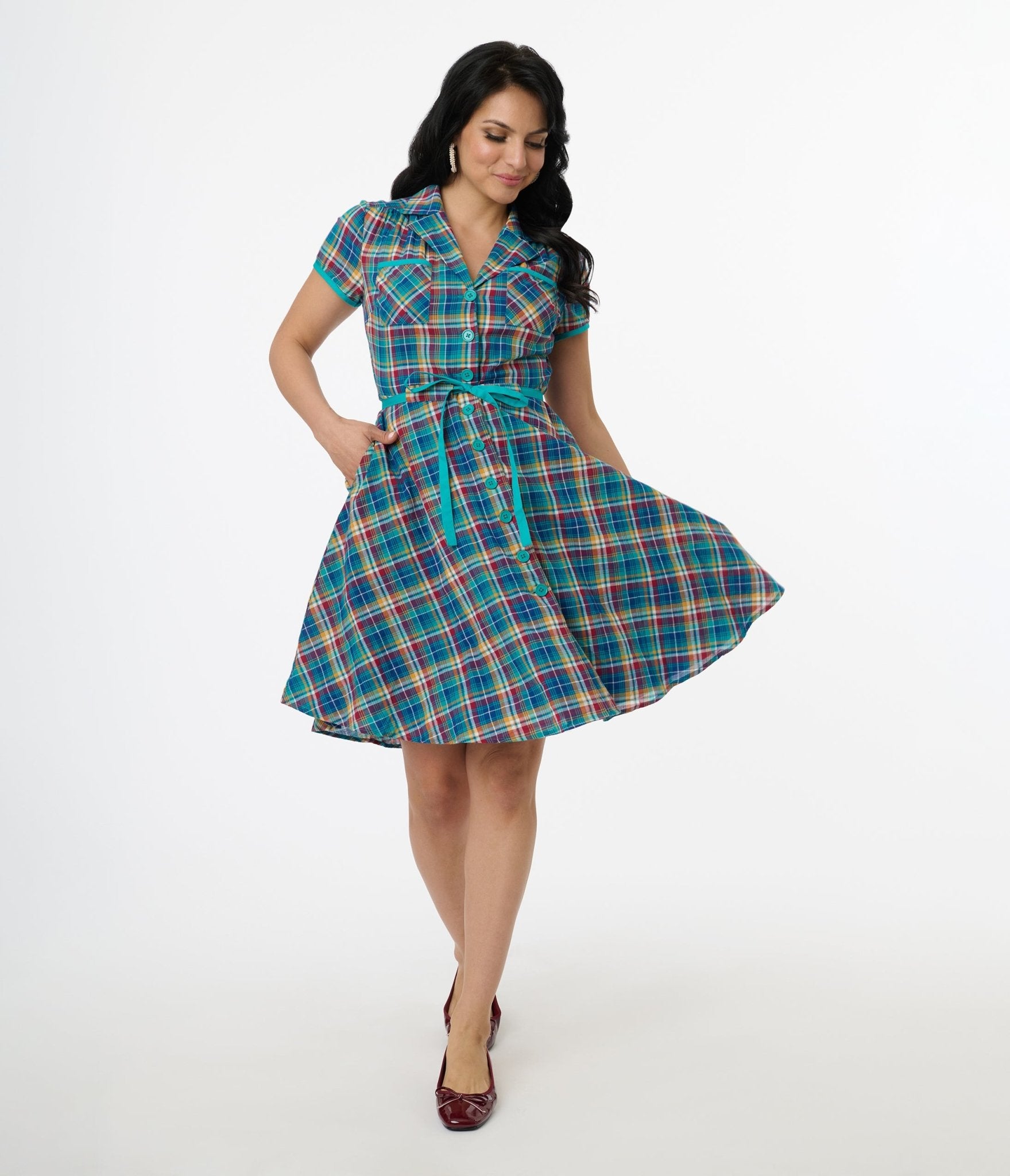 Vintage 1960s Teal Madras Fit & Flare Dress by Smak Parlour - Retro Party, Cocktail & Special Occasion Outfit