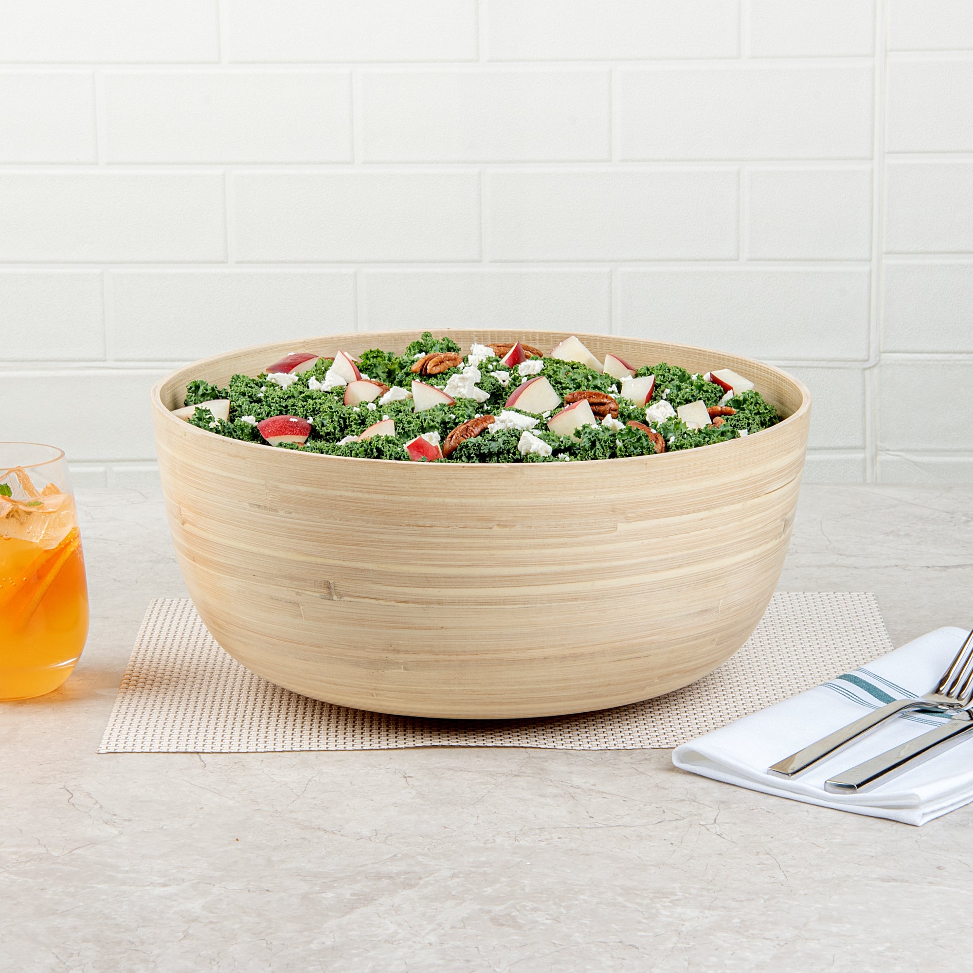 Bambuddha 51 oz Large Round Natural Spun Bamboo Salad Bowl - 13.5
