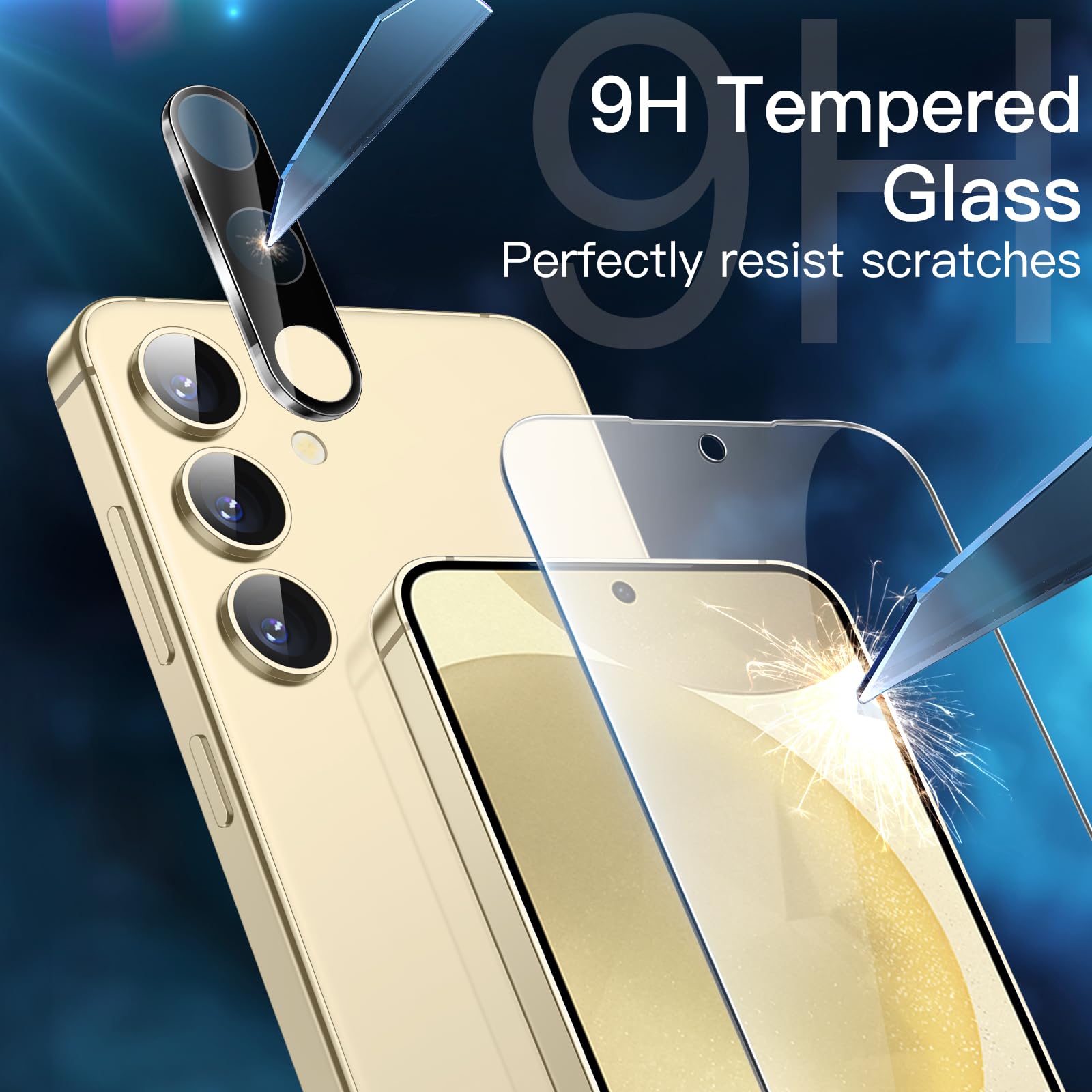 JETech 5-in-1 Matte Case for Samsung Galaxy S24+ / S24 Plus 5G - 2-Pack Tempered Glass Screen Protector & Camera Lens Protector - Translucent Back Shockproof Phone Cover (Amber Yellow) - Perfect for Daily Use, Work & Outdoor Activities